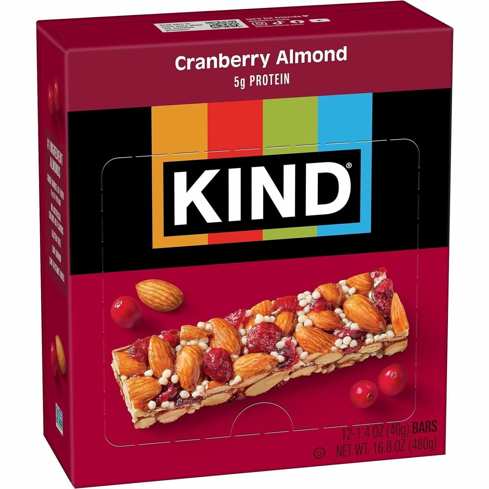 Cholesterol-free, Non-GMO, Individually Wrapped, Gluten-free, Trans Fat Free, Low Glycemic, Low Sodium - Cranberry Almond - 1.40 oz - 12 / Box