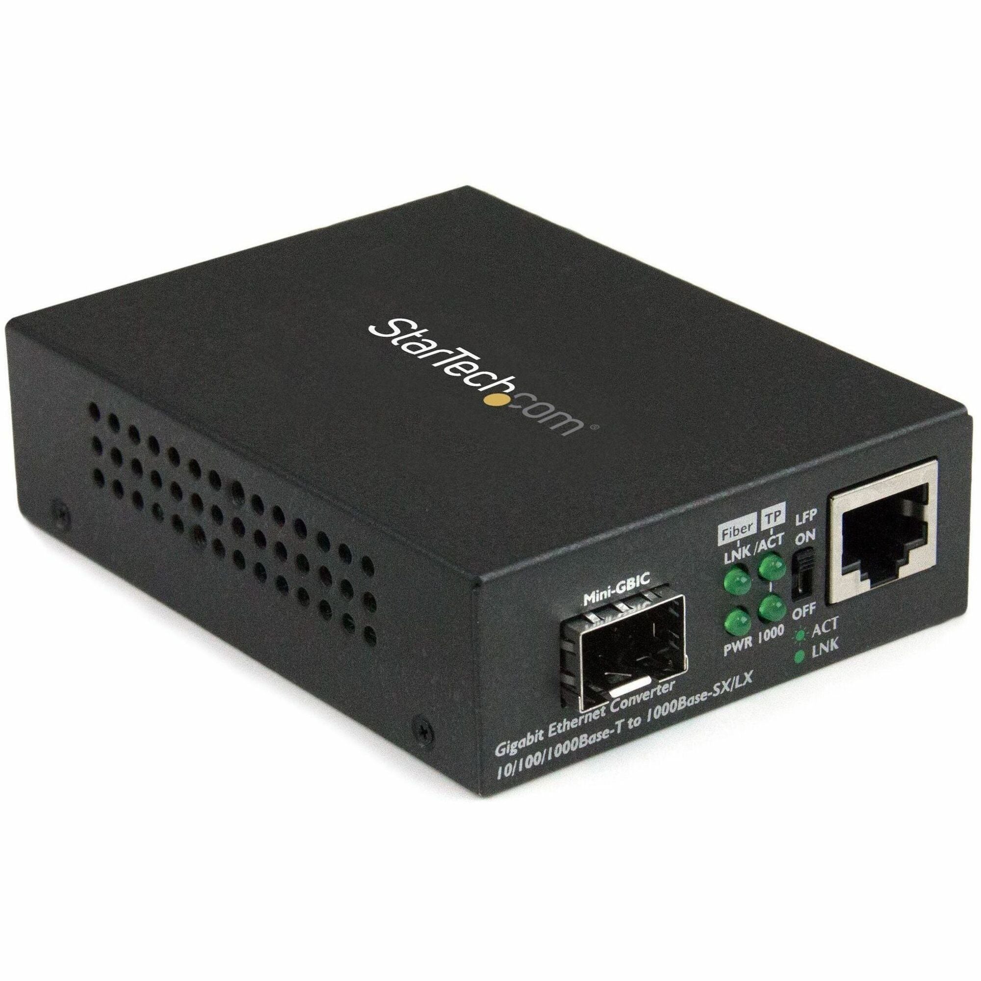 StarTech.com Gigabit Ethernet Fiber Media Converter with Open SFP Slot, 1 x RJ-45 Port, 1 x SFP Slot, AC Adapter, Desktop/Wall Mountable, TAA Compliant, Packaged Quantity: 1 Each