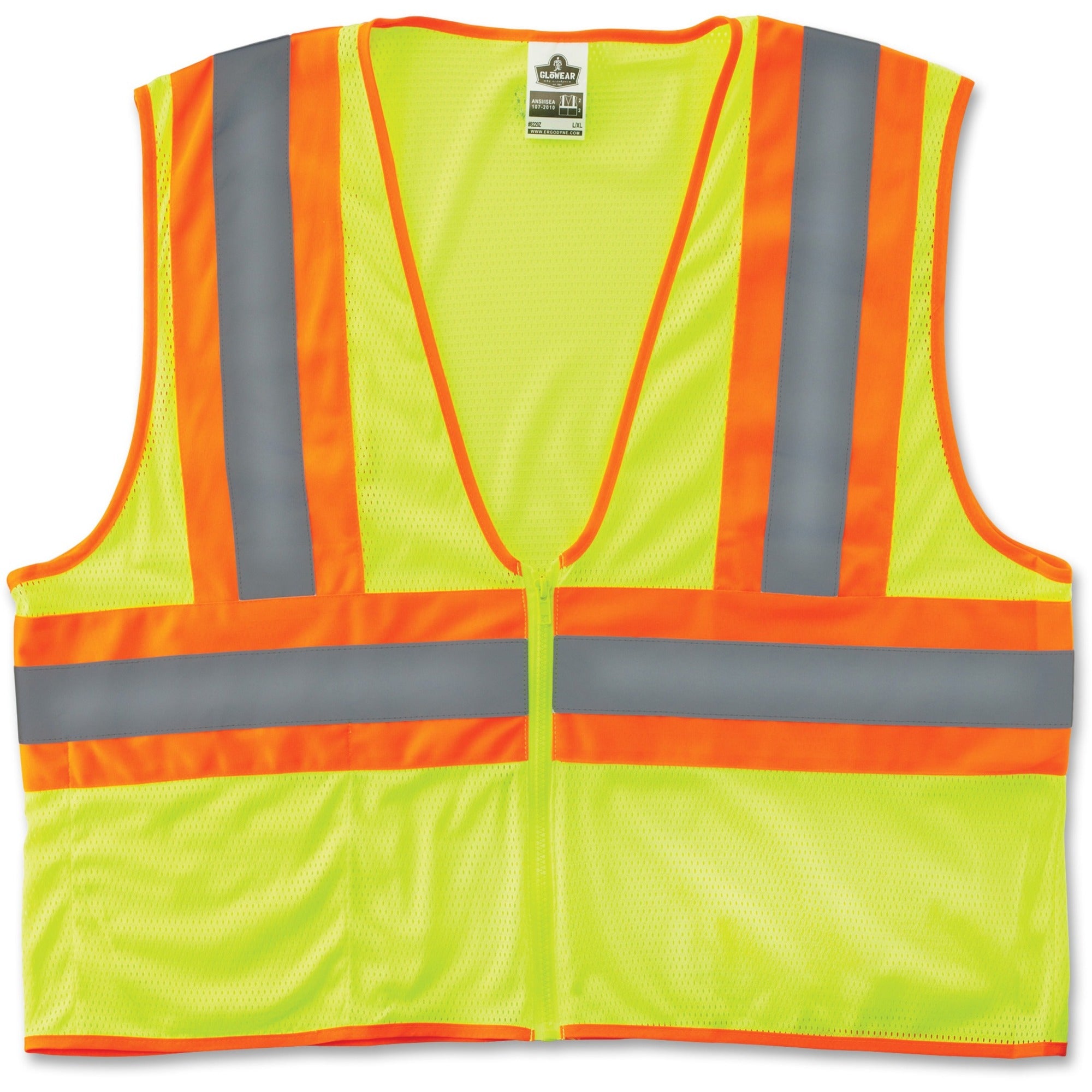 Ergodyne Class 2 Two-tone Lime Vest - Large/Extra Large - Lime - Reflective, Machine Washable, Lightweight, Pocket, Zipper Closure - 1 Each