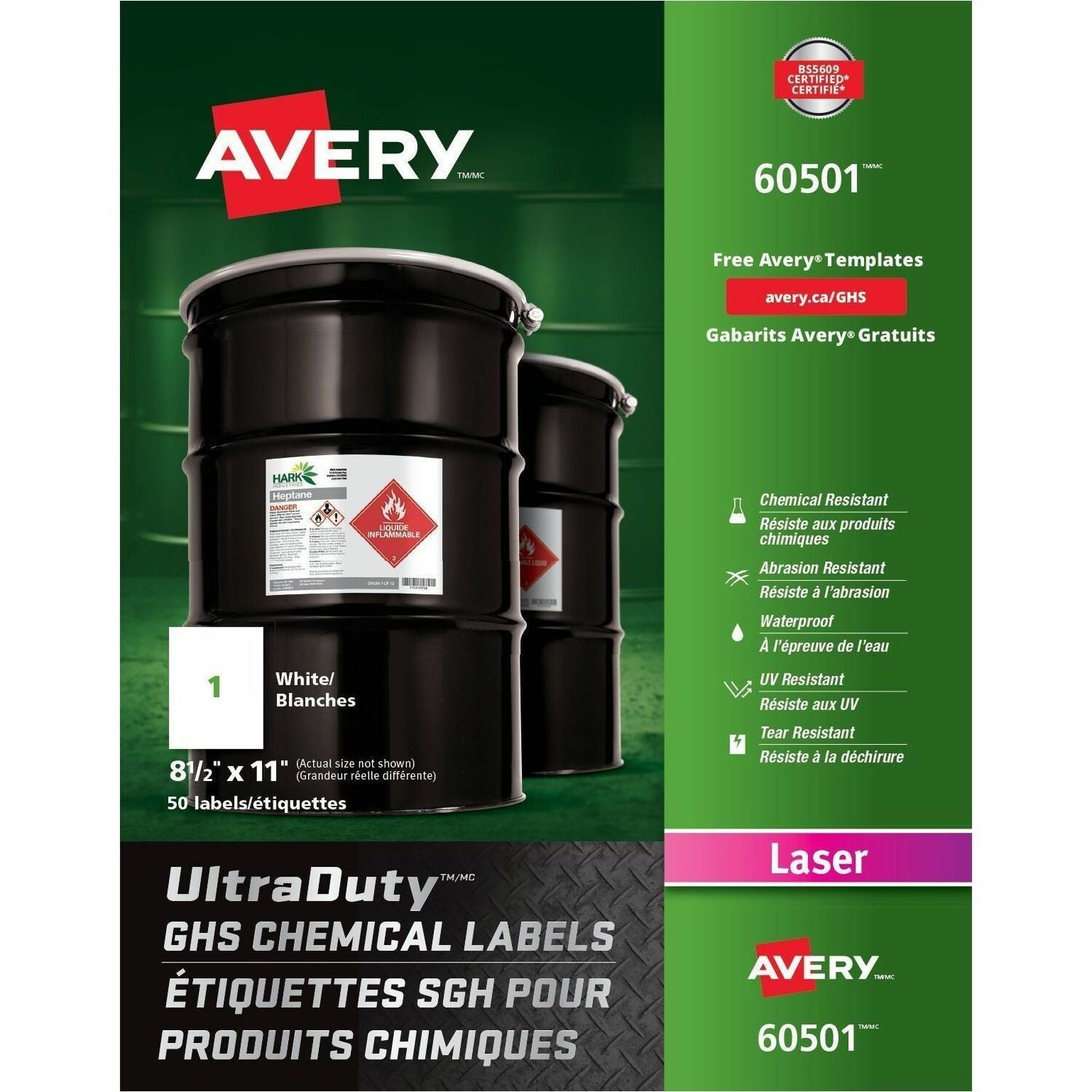 8 1/2" Width x 11" Length - Permanent Adhesive - Rectangle - Laser - Matte - White - Film - Water Resistant - Permanent Adhesive, Chemical Resistant, Abrasion Resistant, Temperature Resistant - 1 / Sheet - 50 Total Sheets - 50 Total Label(s) - 50 / Box