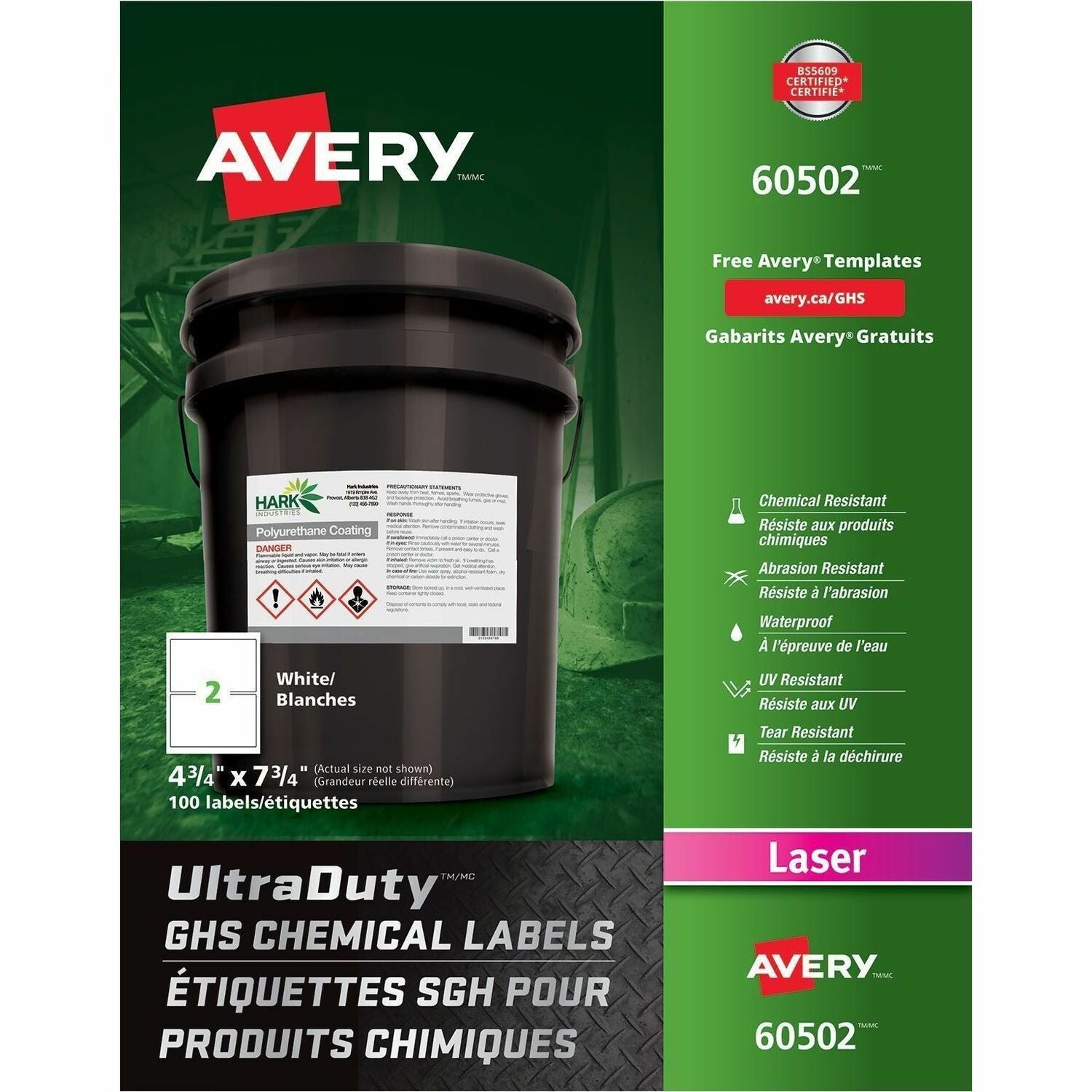 Avery&reg; UltraDuty™ GHS Chemical Labels 4¾" x 7¾" , Permanent Adhesive, for Laser Printers