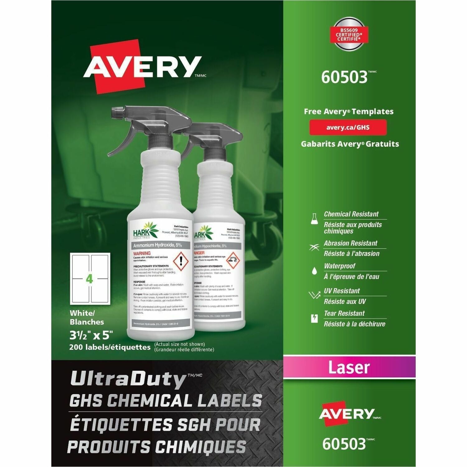 3 1/2" Width x 5" Length - Permanent Adhesive - Rectangle - Laser - Matte - White - Film - Water Resistant - Permanent Adhesive, Chemical Resistant, Abrasion Resistant, Temperature Resistant - 4 / Sheet - 50 Total Sheets - 200 / Box
