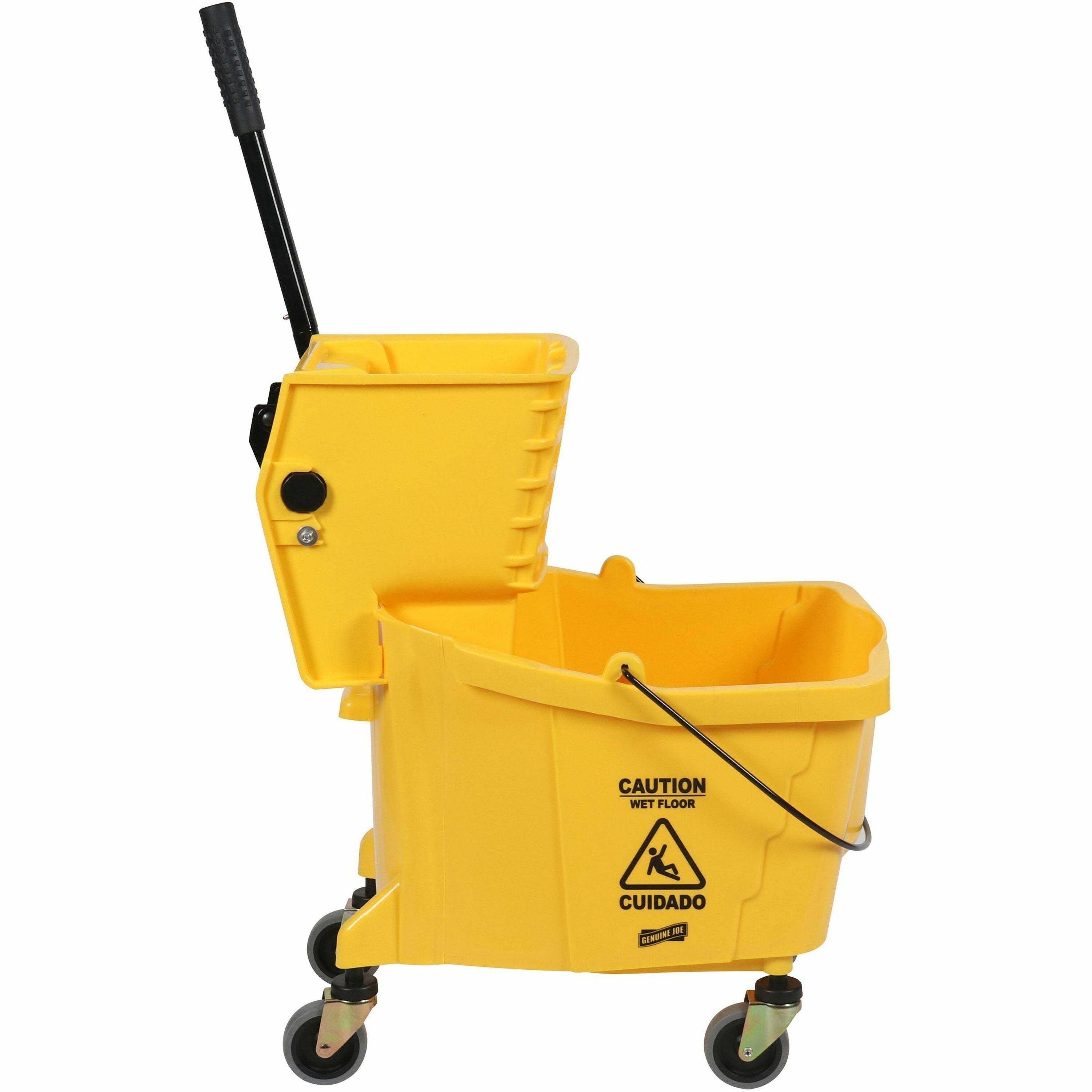 Genuine Joe 35-quart Side Press Mop Bucket & Wringer Combo, 8.75 gal, Yellow, 21" x 16" x 14", Caster, 1 Each