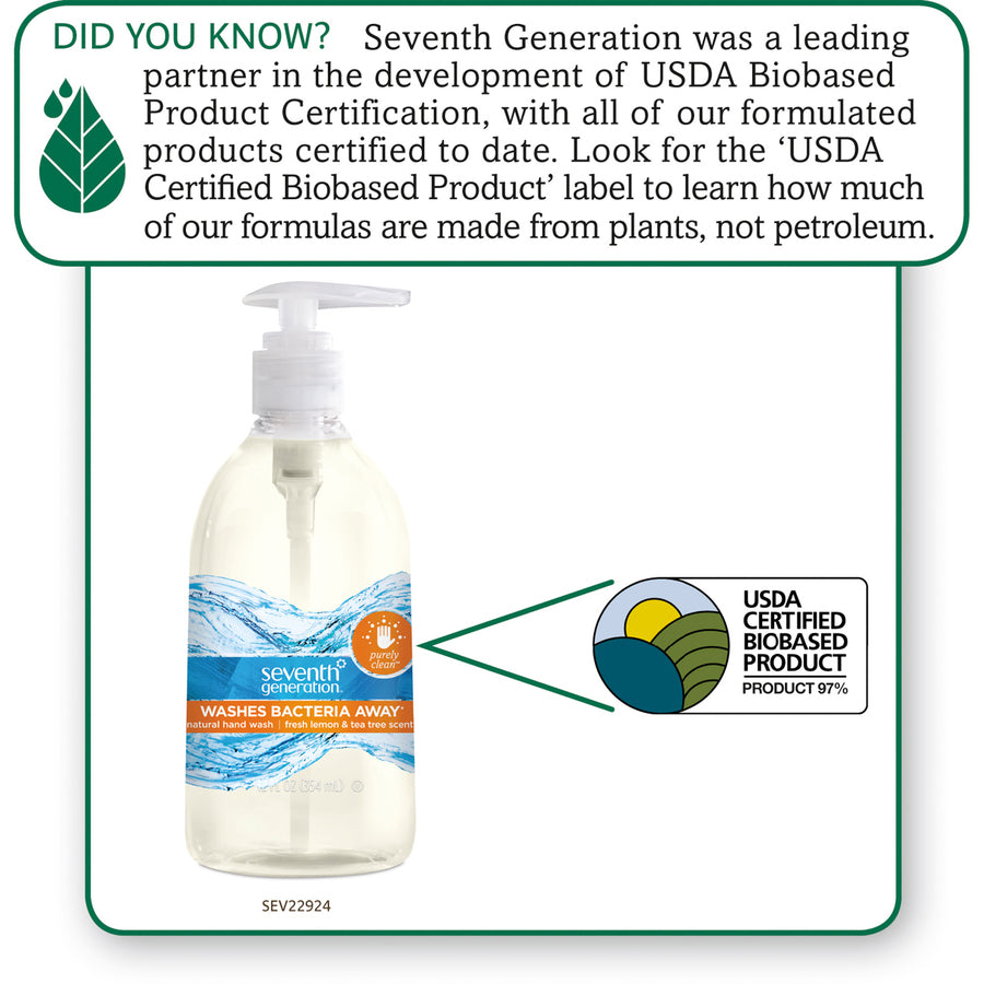 Seventh Generation Purely Clean Hand Wash, Fresh Lemon & Tea Tree Scent, 12 fl oz Pump Bottle, Dye-free, Phthalate-free, Bio-based, Rich Lather, Gluten-free, Clear, 1 Each