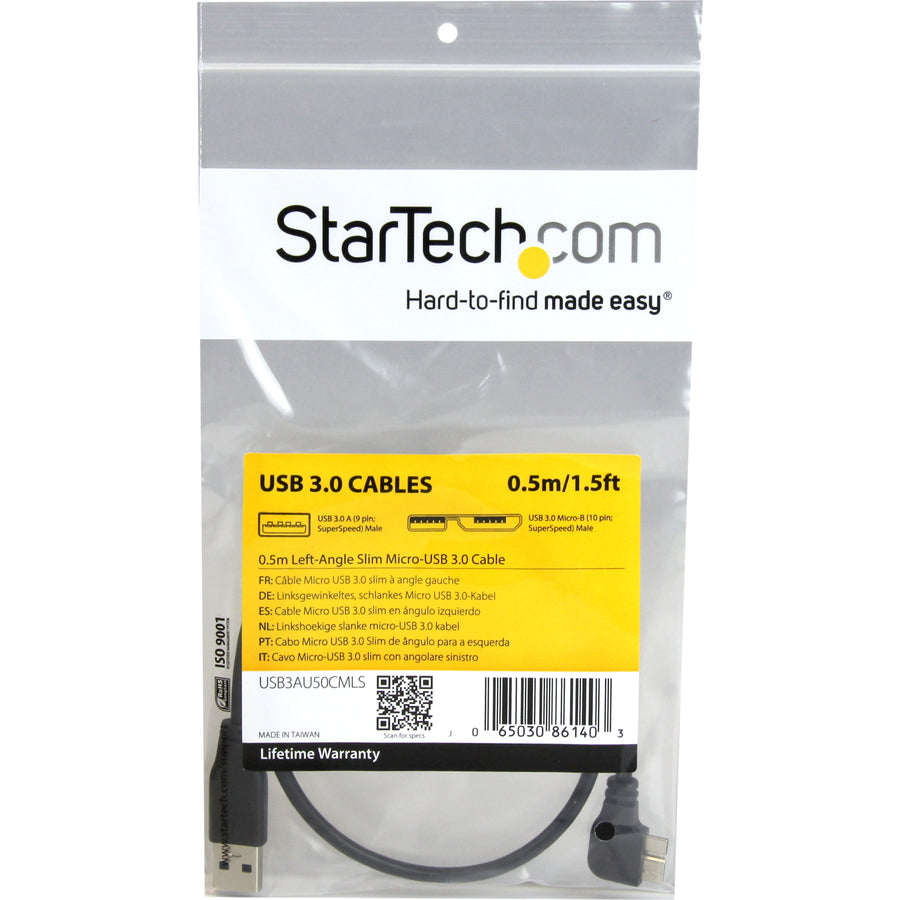 StarTech.com Slim Micro USB 3.0 Cable - M/M - Left-Angle Micro-USB - 0.5m (20in)