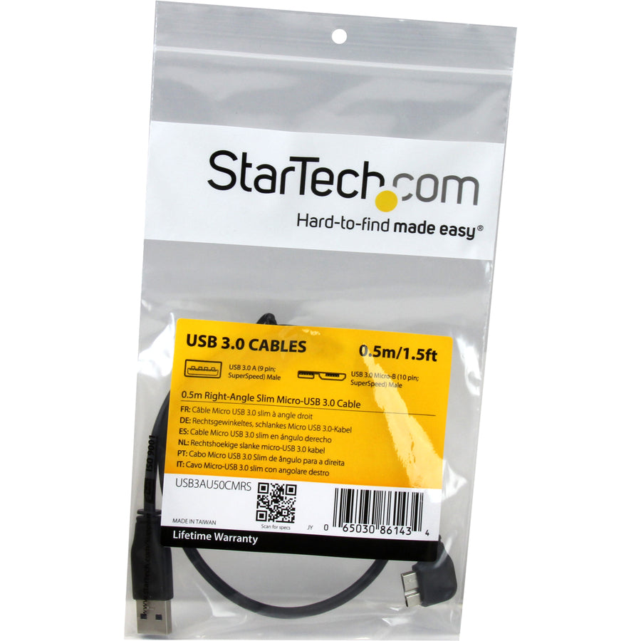 StarTech.com Slim Micro USB 3.0 Cable - M/M - Right-Angle Micro-USB - 0.5m (20in)