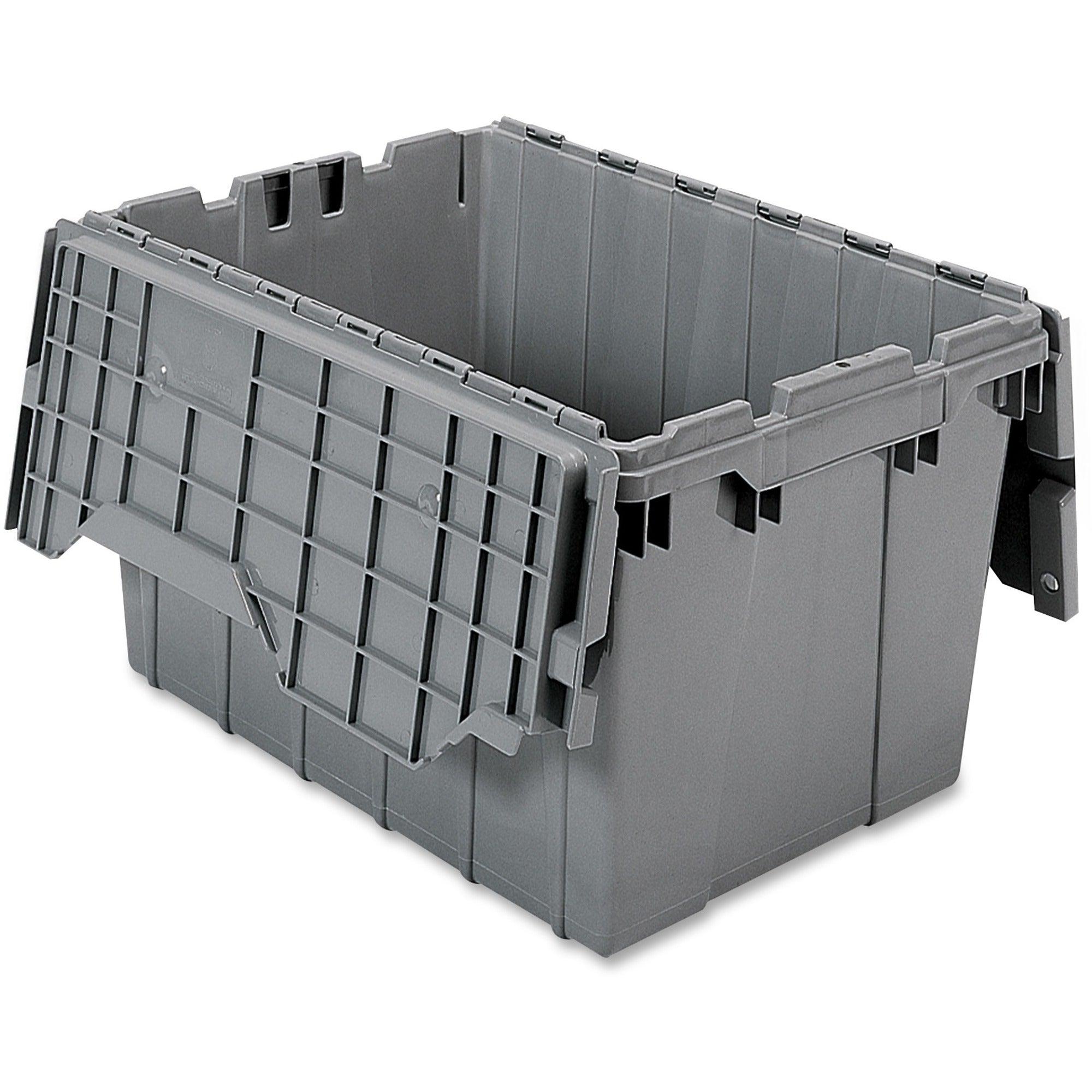 Akro-Mils Attached Lid Storage Container, 12 gal Capacity, 65 lb Weight Limit, Stackable, Padlock/String Tie Closure, Plastic, Gray, 21.5" L x 15" W x 12.5" H, 1 Each