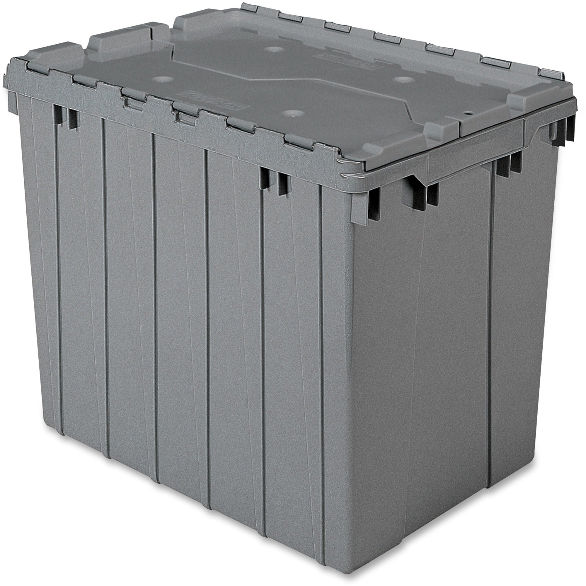 Akro-Mils Attached Lid Storage Container, 17 gal Capacity, 100 lb Weight Limit, Stackable, Padlock/String Tie Closure, Gray, Plastic/Polymer, 21.5" L x 15" W x 17" H, 1 Each