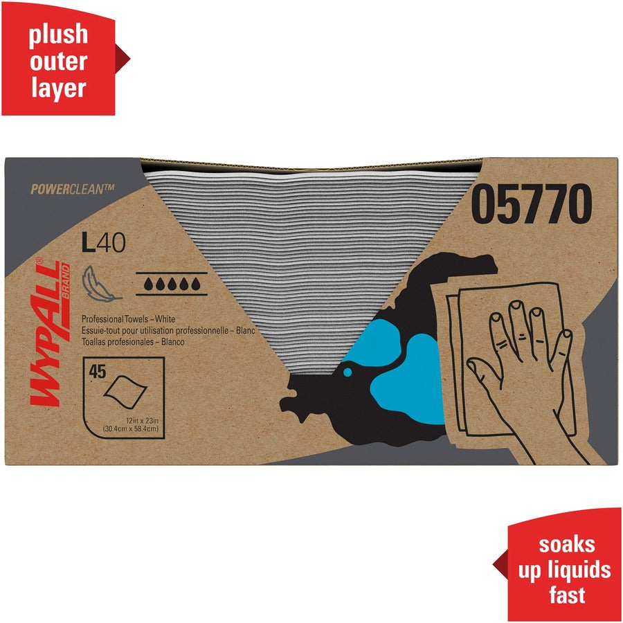 Wypall Power Clean L40 Extra Absorbent Towels, White, 12" x 23", 45 Towels per Box, 1 Carton