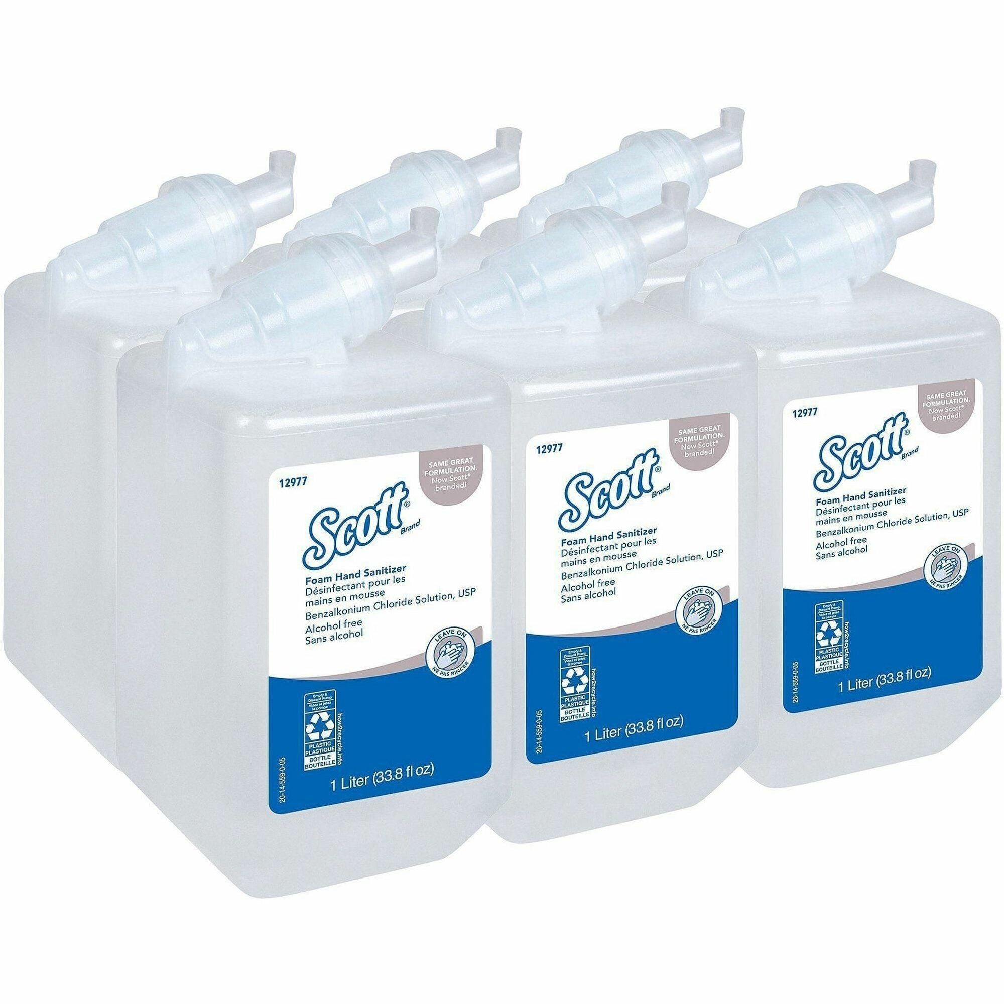 Scott Essential Alcohol Free Foam Hand Sanitizer Refill, Dye-Free, Fragrance-Free, Clear, 1.06 Quart, 6/Carton