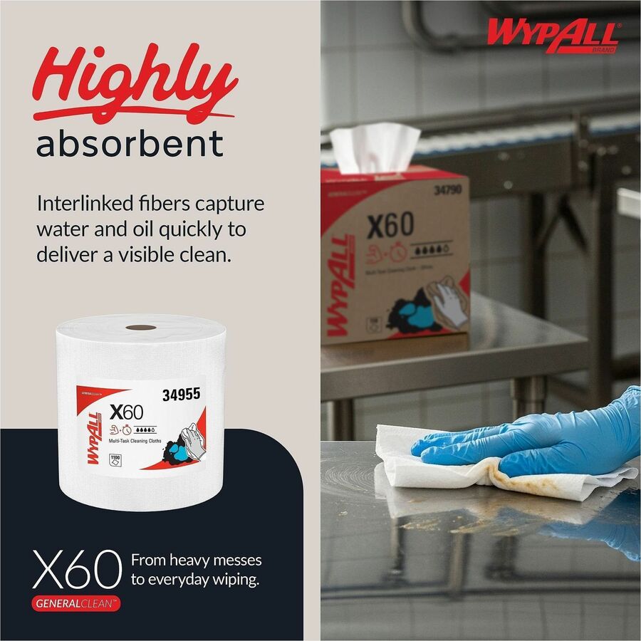 Wypall GeneralClean X60 Multi-Task Cleaning Cloth Jumbo Roll, White, 12.20" x 12.40", 1100 Cloths per Roll, Absorbent, Lightweight, Solvent Resistant, Wet Strength, Residue-Free