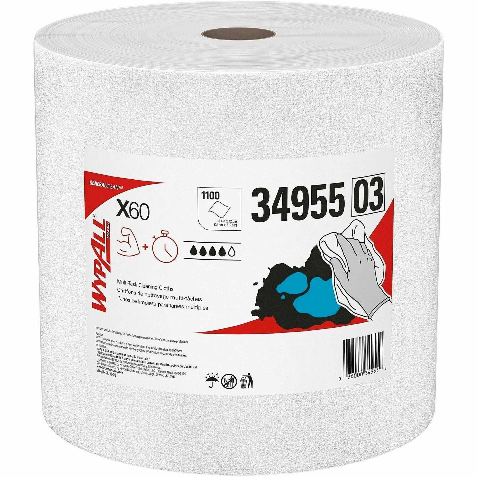 Wypall GeneralClean X60 Multi-Task Cleaning Cloth Jumbo Roll, White, 12.20" x 12.40", 1100 Cloths per Roll, Absorbent, Lightweight, Solvent Resistant, Wet Strength, Residue-Free