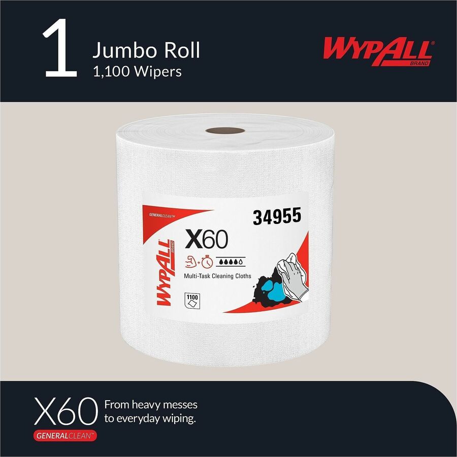Wypall GeneralClean X60 Multi-Task Cleaning Cloth Jumbo Roll, White, 12.20" x 12.40", 1100 Cloths per Roll, Absorbent, Lightweight, Solvent Resistant, Wet Strength, Residue-Free