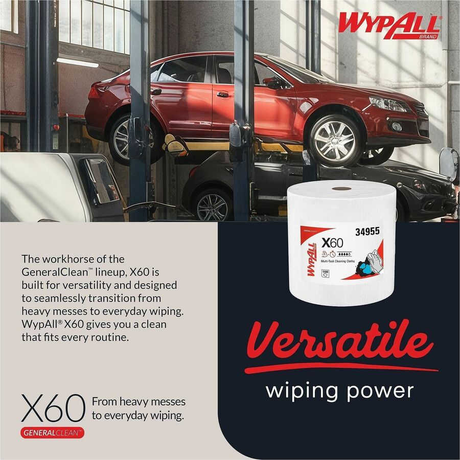 Wypall GeneralClean X60 Multi-Task Cleaning Cloth Jumbo Roll, White, 12.20" x 12.40", 1100 Cloths per Roll, Absorbent, Lightweight, Solvent Resistant, Wet Strength, Residue-Free
