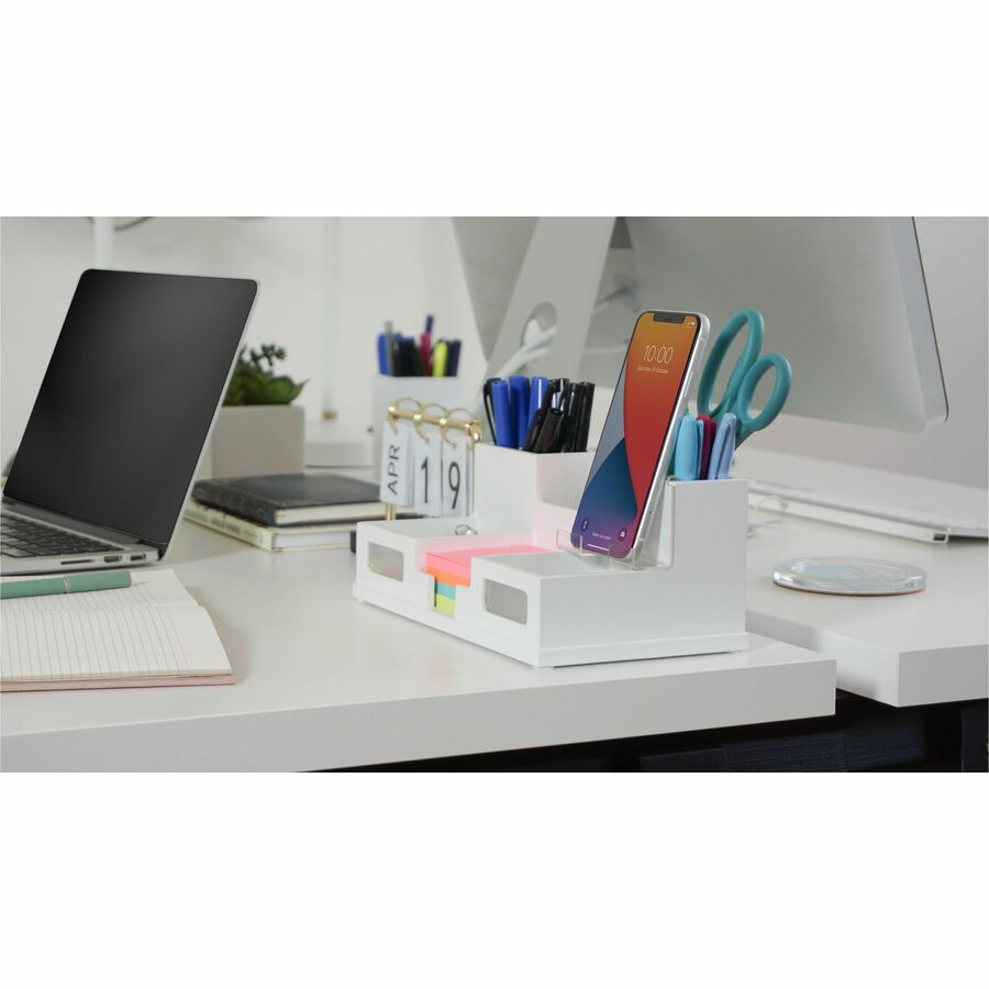Victor Phone Holder Desk Organizer - 6 Compartment(s) - 4" Height x 5.50" Width x 10.40" Depth - Stackable, Sturdy, Durable, Scratch Resistant, Scuff-free, Non-slip Feet, Cell Phone Holder - Matte White - White - Wood, Frosted Glass, Rubber - 1 Each