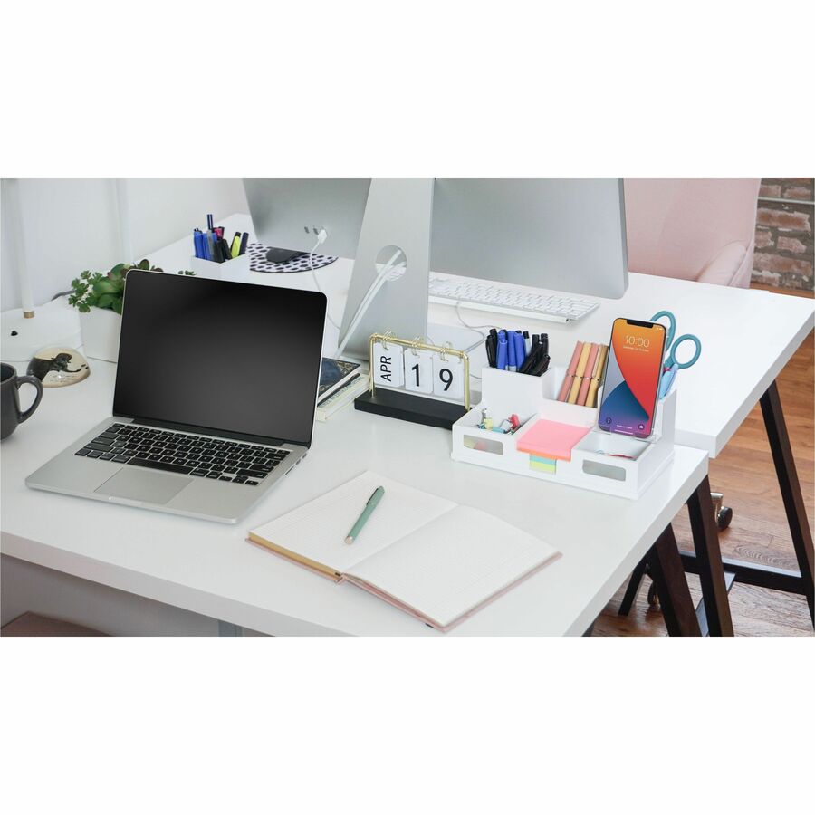 Victor Phone Holder Desk Organizer - 6 Compartment(s) - 4" Height x 5.50" Width x 10.40" Depth - Stackable, Sturdy, Durable, Scratch Resistant, Scuff-free, Non-slip Feet, Cell Phone Holder - Matte White - White - Wood, Frosted Glass, Rubber - 1 Each
