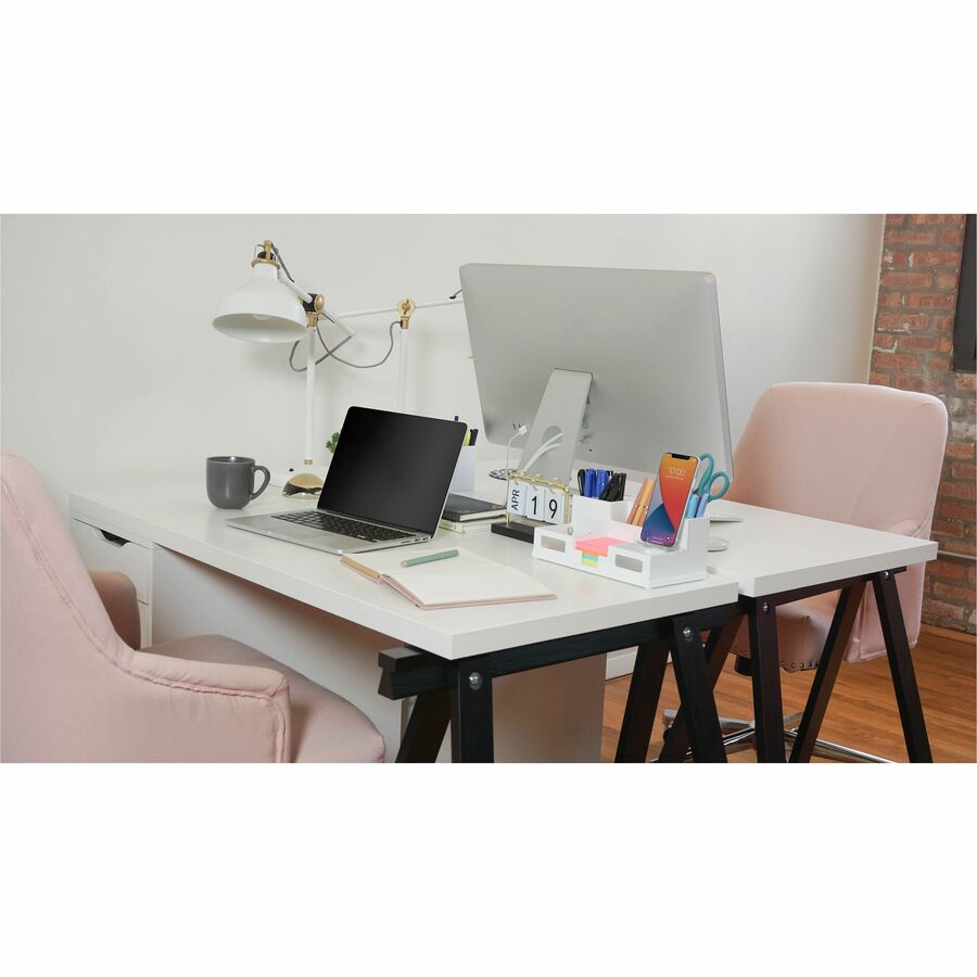 Victor Phone Holder Desk Organizer - 6 Compartment(s) - 4" Height x 5.50" Width x 10.40" Depth - Stackable, Sturdy, Durable, Scratch Resistant, Scuff-free, Non-slip Feet, Cell Phone Holder - Matte White - White - Wood, Frosted Glass, Rubber - 1 Each