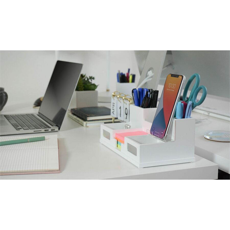 Victor Phone Holder Desk Organizer - 6 Compartment(s) - 4" Height x 5.50" Width x 10.40" Depth - Stackable, Sturdy, Durable, Scratch Resistant, Scuff-free, Non-slip Feet, Cell Phone Holder - Matte White - White - Wood, Frosted Glass, Rubber - 1 Each