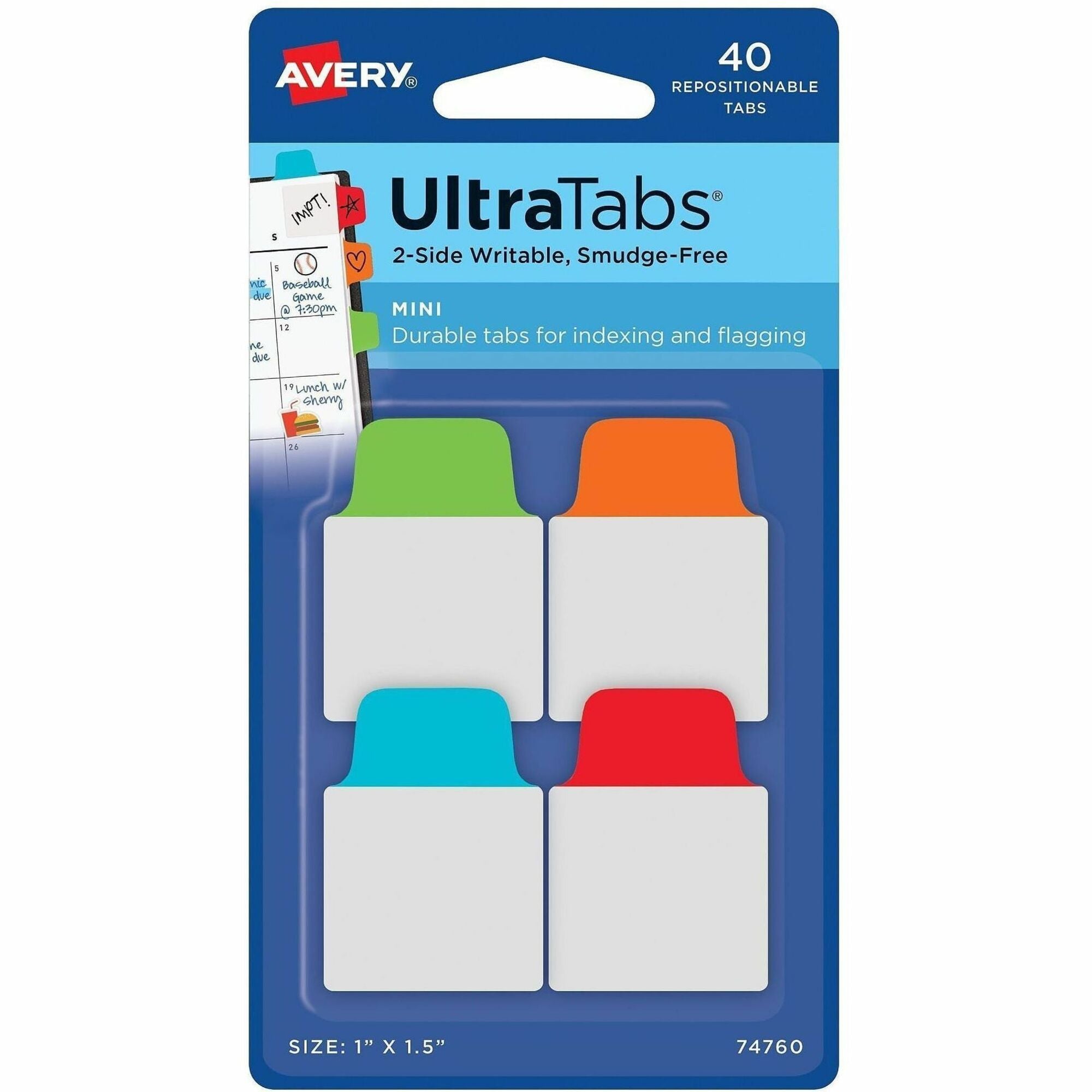 Avery&reg; Ultra Tabs File Tab - 40 Write-on Tab(s) - 1.50" Tab Height x 1" Tab Width - Clear Film, Red Paper, Blue, Orange, Green Tab(s)