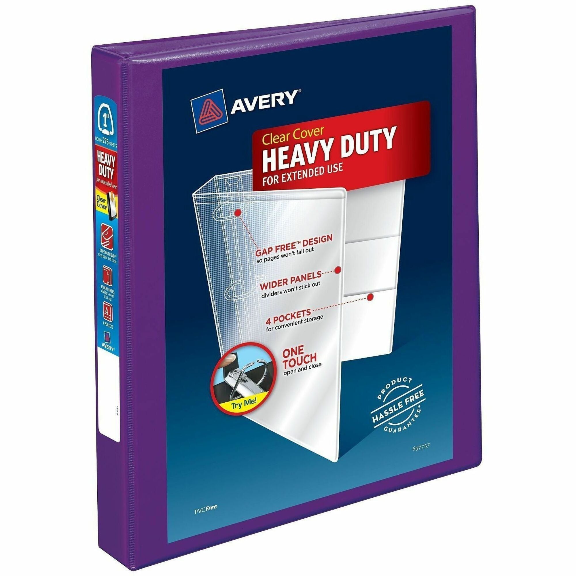 Avery Heavy-Duty View Binder, 1" EZD Locking Rings, 275-Sheet Capacity, 4 Internal Pockets, Letter Size, Polypropylene, Purple, 1 Each