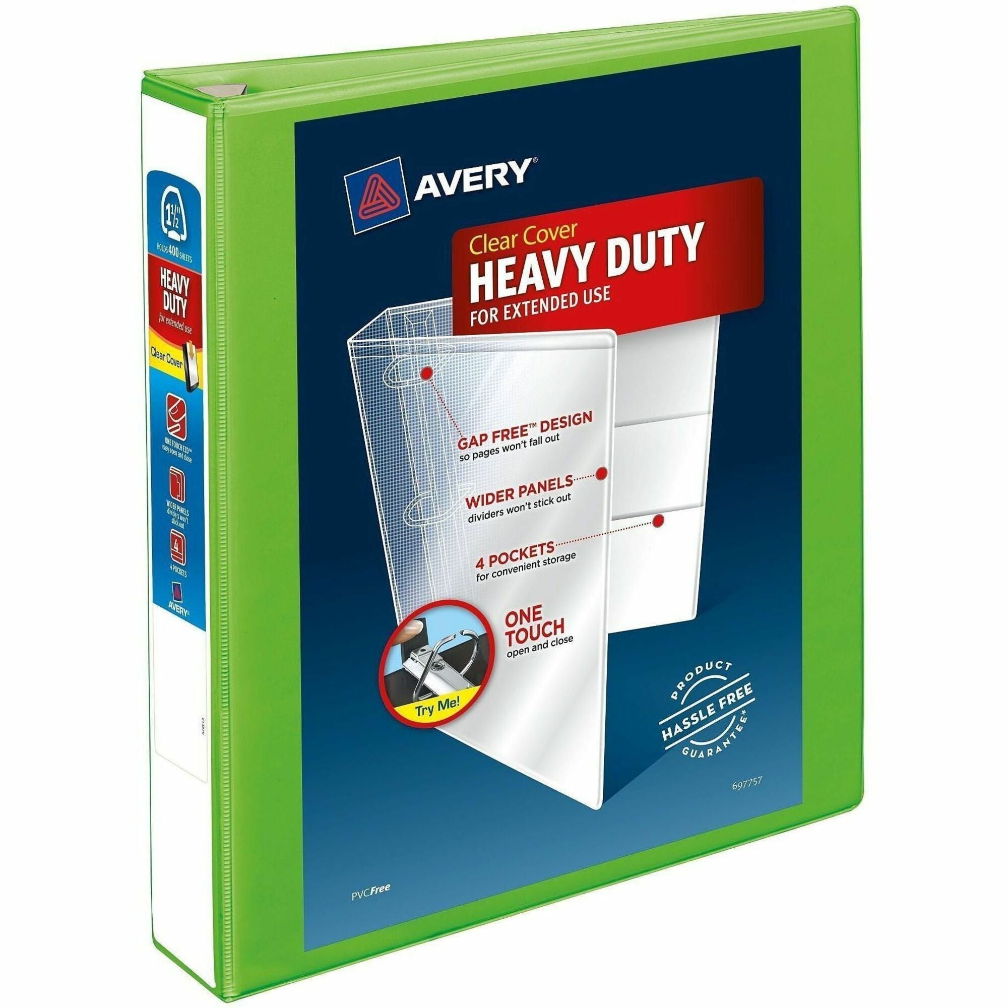 Avery Heavy-Duty View Binder, 1 1/2" EZD Locking Rings, 400-Sheet Capacity, 4 Internal Pockets, Letter Size, Chartreuse, 1 Each