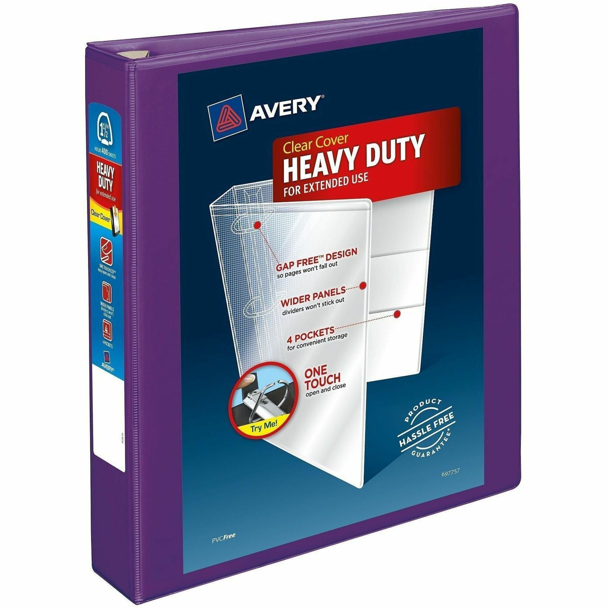 Avery Heavy-Duty View Binder, 1.5" EZD Locking Rings, 400-Sheet Capacity, 4 Internal Pockets, Letter Size, Polypropylene, Purple, 1 Each