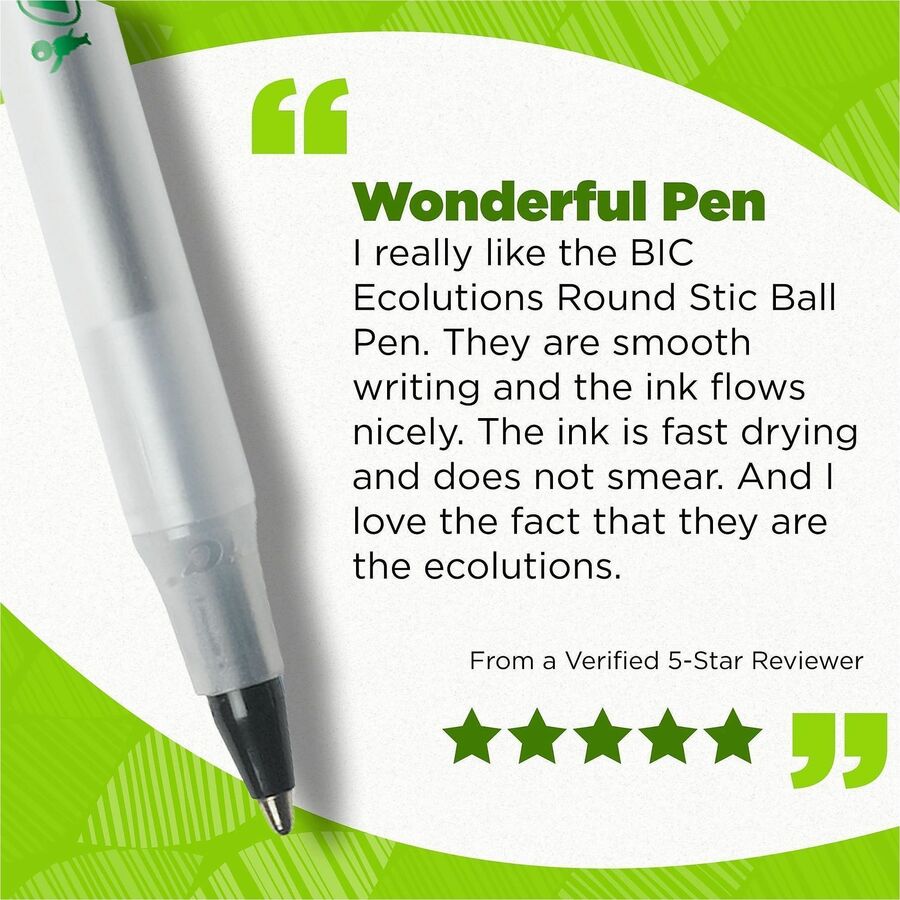 BIC Ecolutions Round Stic Ball Point Pen - 1 mm Medium Pen Point - Refillable - Black Ink - Frost Polypropylene, Translucent Plastic Barrel - 50 / Box