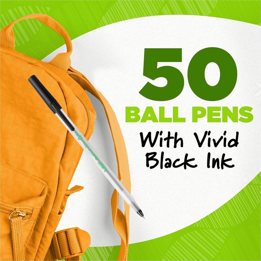 BIC Ecolutions Round Stic Ball Point Pen - 1 mm Medium Pen Point - Refillable - Black Ink - Frost Polypropylene, Translucent Plastic Barrel - 50 / Box