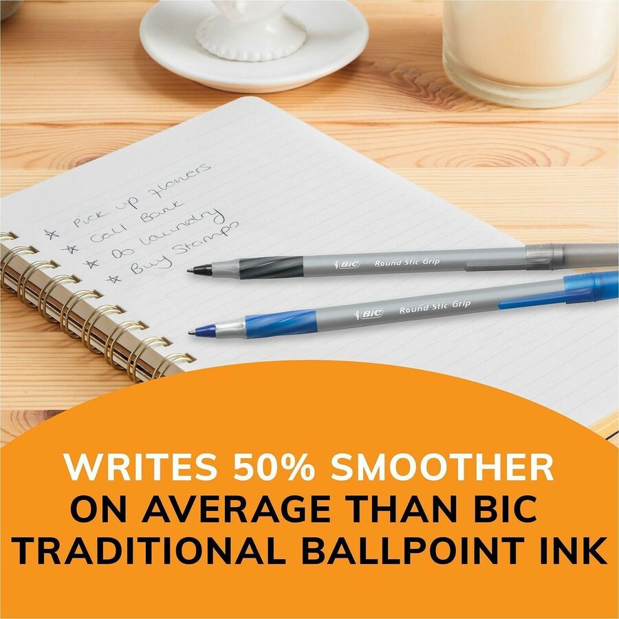 BIC Round Stic Grip Ballpoint Pen - 1.2 mm Medium Pen Point - Blue Ink - Brass Tip - 36 / Box