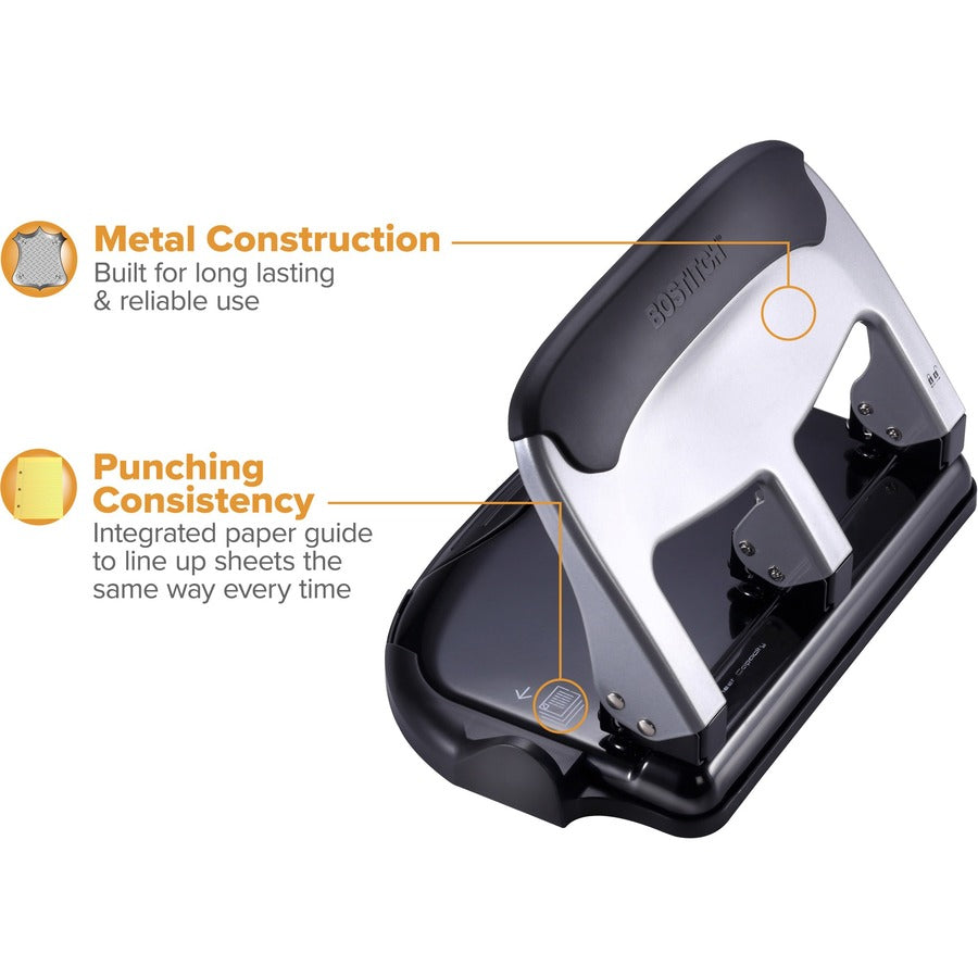 3 Punch Head(s) - 40 Sheet of 20lb Paper - 9/32" Punch Size - 7.4" Width x 3.1" Height - Black, Silver