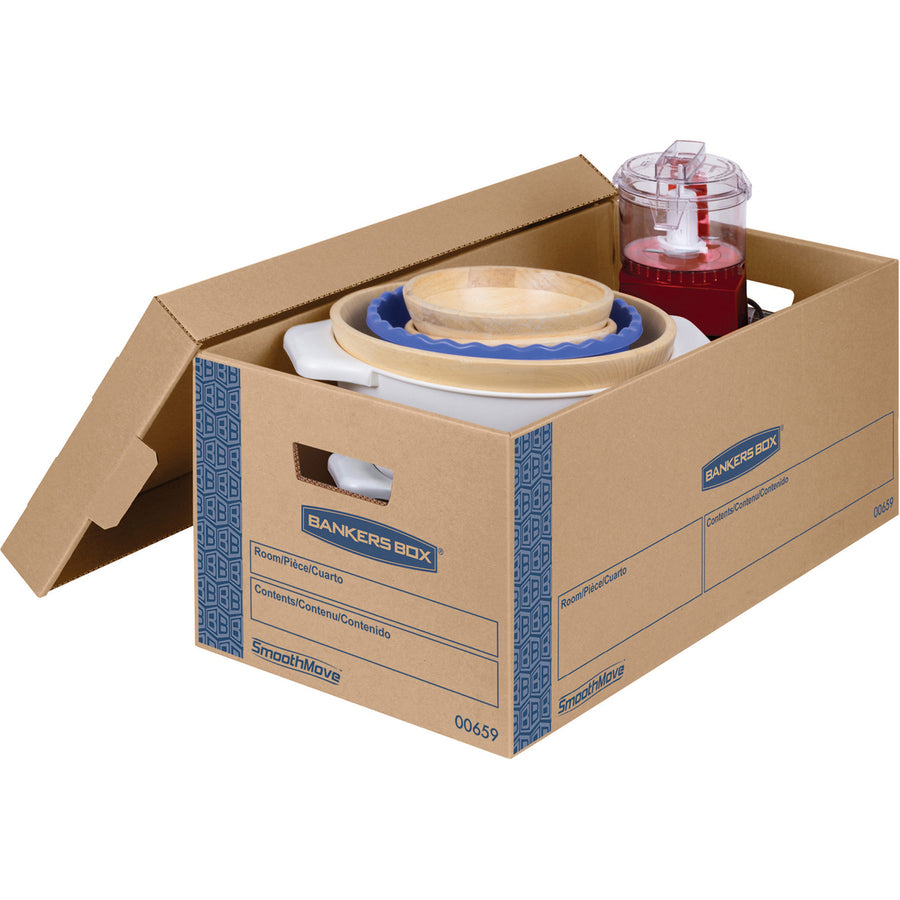 Bankers Box SmoothMove Moving Boxes, Double Wall, Lid Lock, Letter Size, Kraft/Blue, 8/Carton