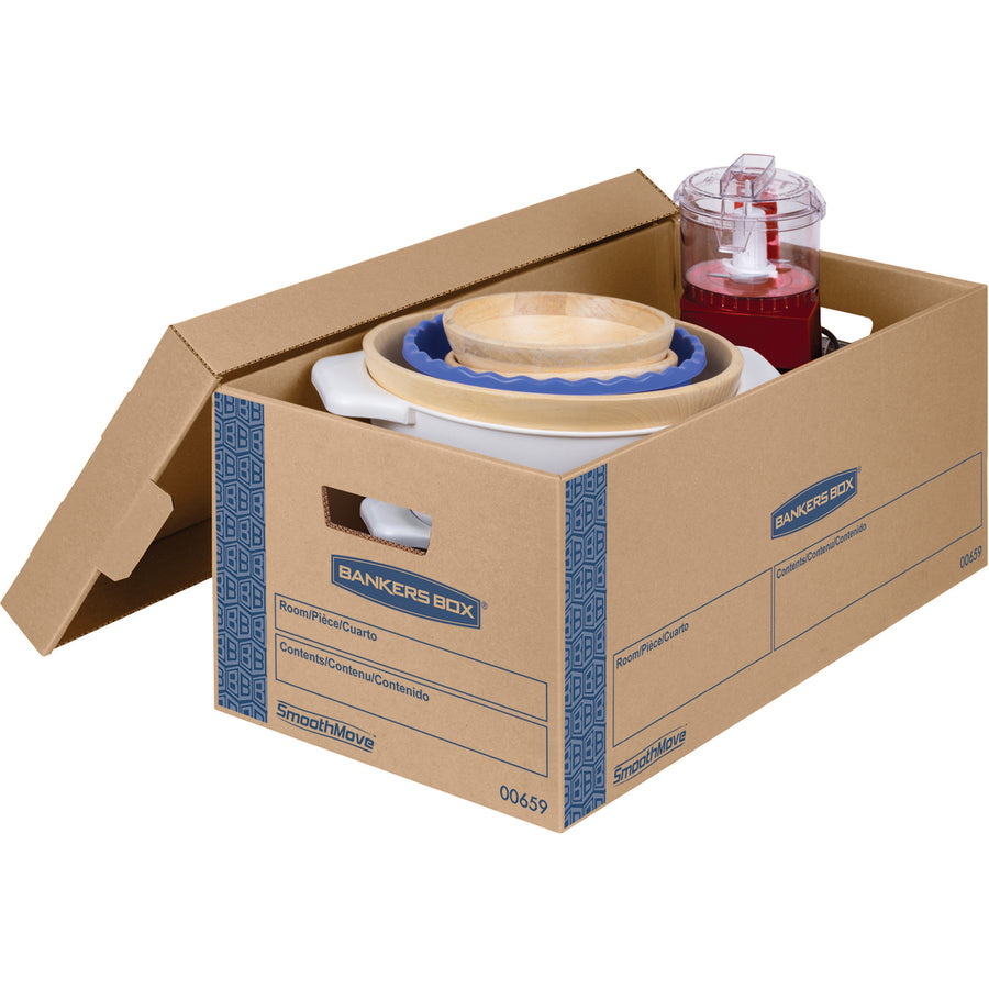 Bankers Box SmoothMove Moving Boxes, Double Wall, Lid Lock, Letter Size, Kraft/Blue, 8/Carton