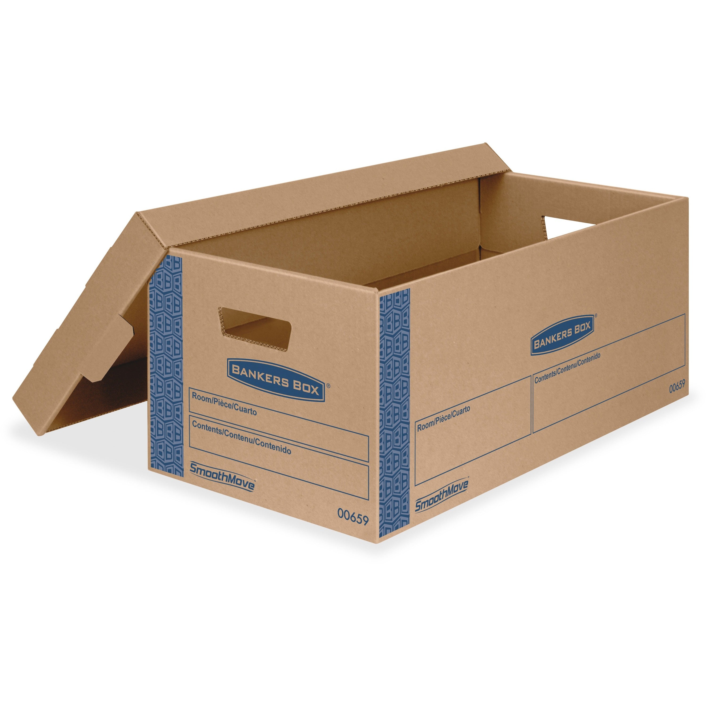 Bankers Box SmoothMove Moving Boxes, Double Wall, Lid Lock, Letter Size, Kraft/Blue, 8/Carton