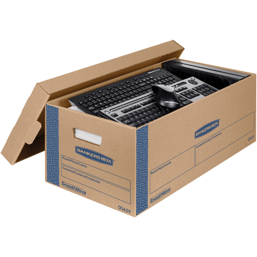 Bankers Box SmoothMove Moving Boxes, Double Wall, Lid Lock, Letter Size, Kraft/Blue, 8/Carton