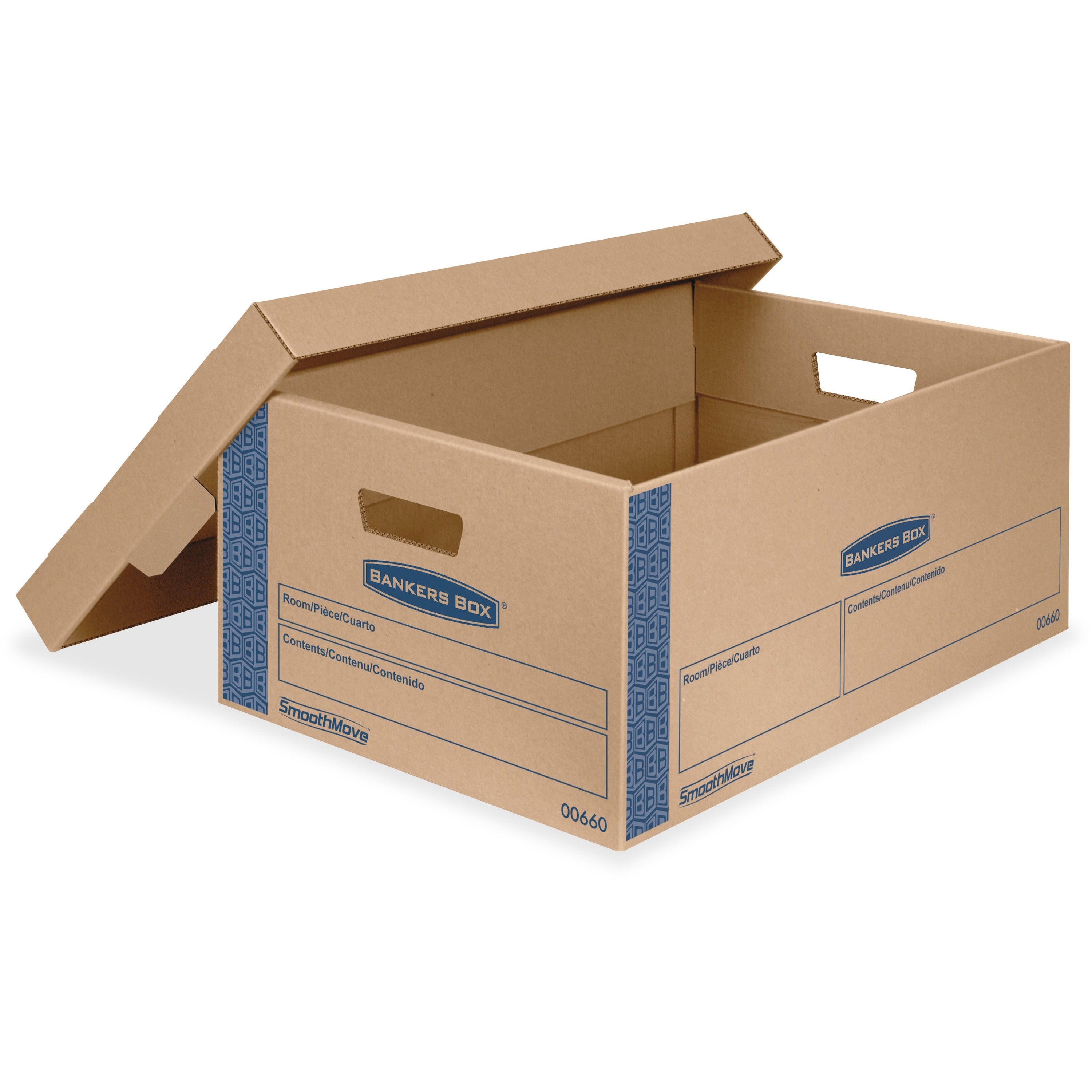 Bankers Box SmoothMove Moving Boxes, Legal Size, Double Wall, Lid Lock, Kraft/Blue, 8/Carton