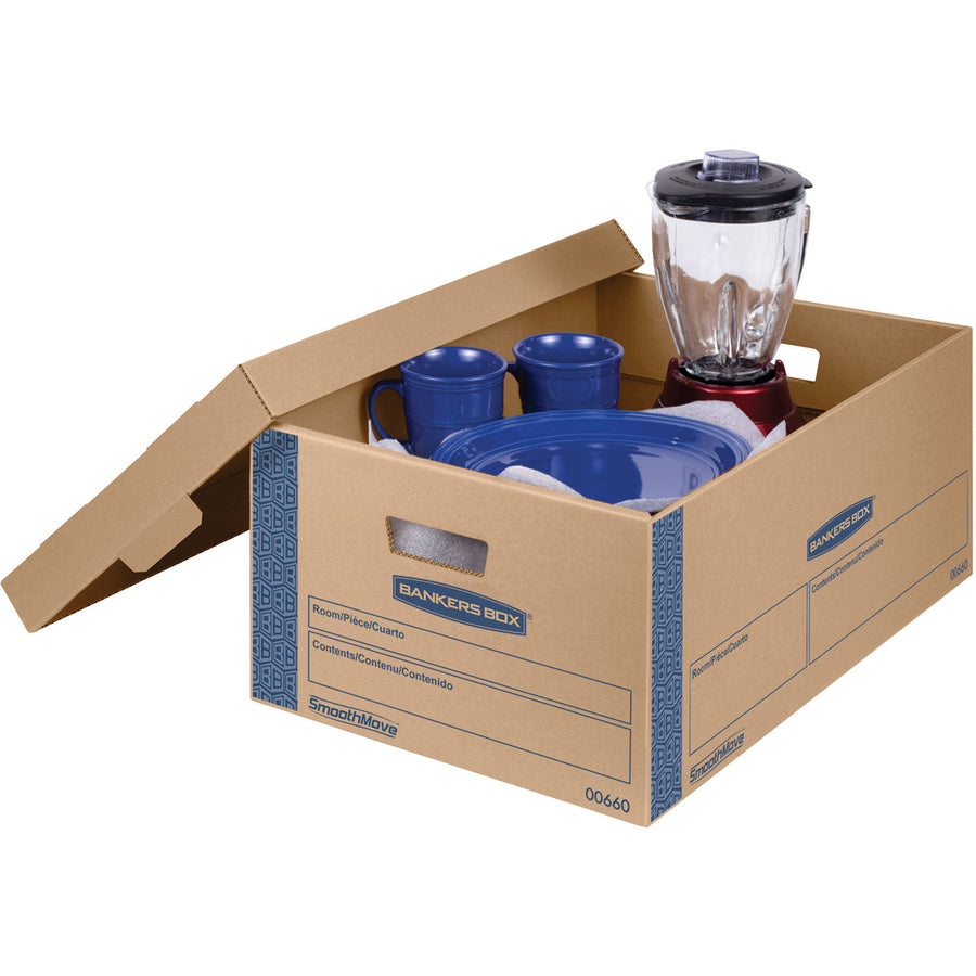 Bankers Box SmoothMove Moving Boxes, Legal Size, Double Wall, Lid Lock, Kraft/Blue, 8/Carton
