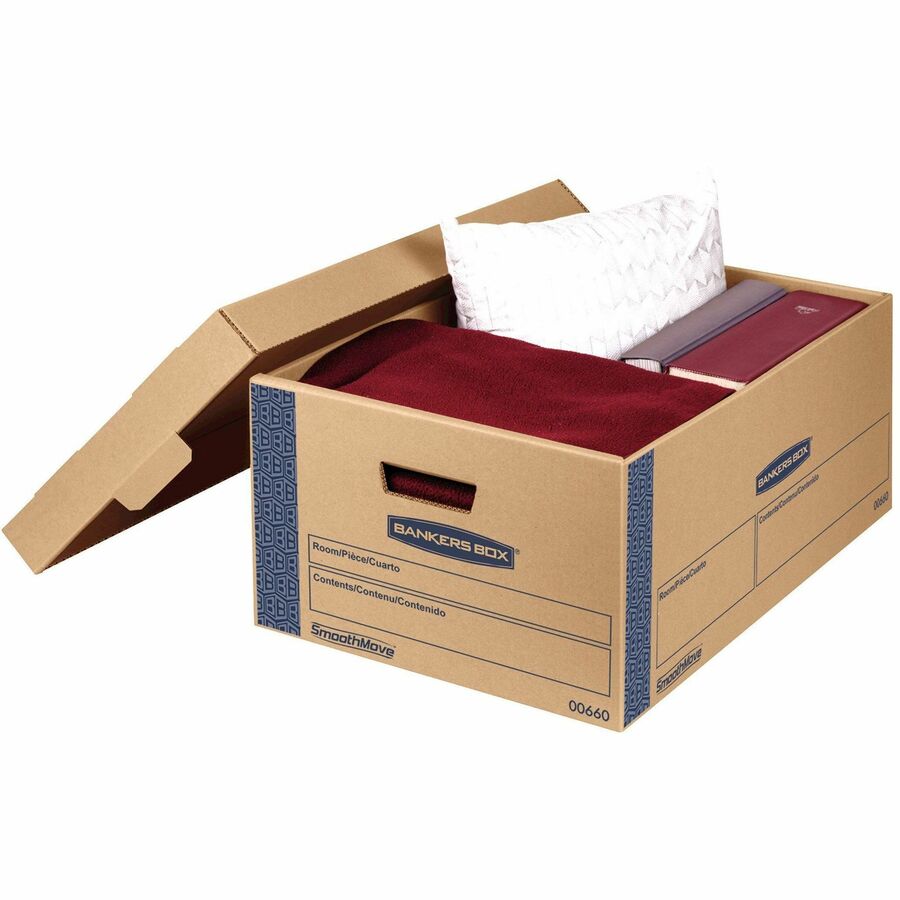 Bankers Box SmoothMove Moving Boxes, Legal Size, Double Wall, Lid Lock, Kraft/Blue, 8/Carton