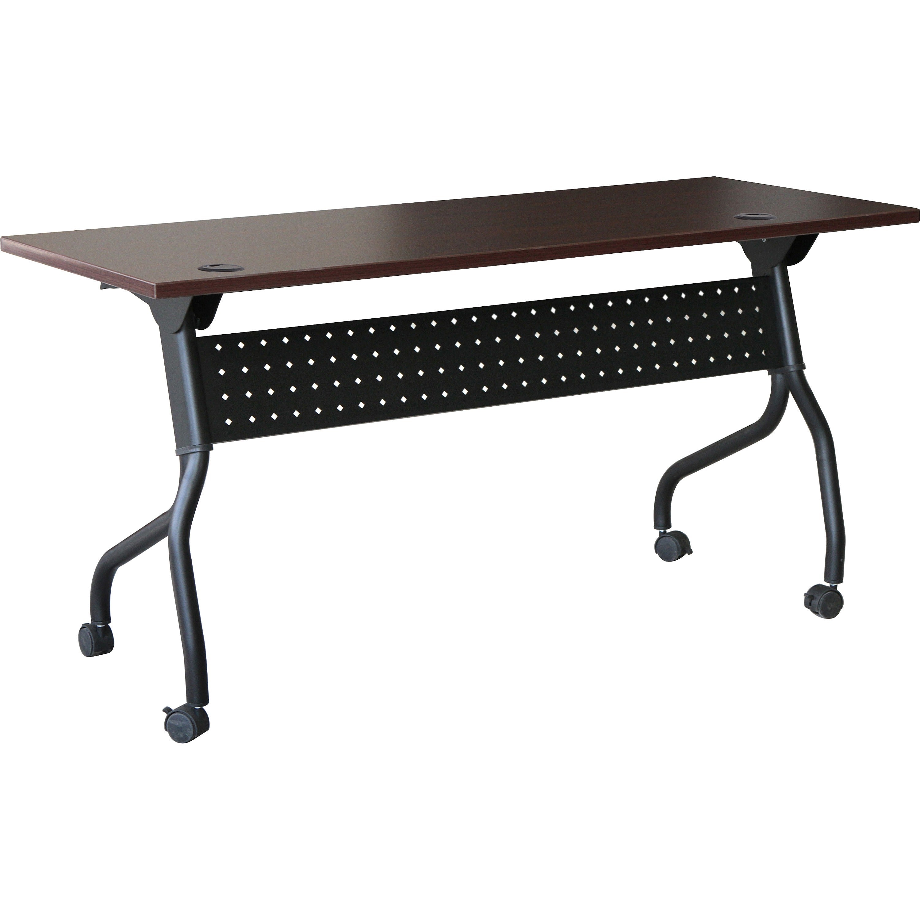 Lorell Flip Top Training Table - Rectangle Top - Four Leg Base - 4 Legs - 60" Table Top Width x 23.60" Table Top Depth - 29.50" Height x 59" Width x 23.63" Depth - Assembly Required - Black, Mahogany - Melamine, Nylon - 1 Each
