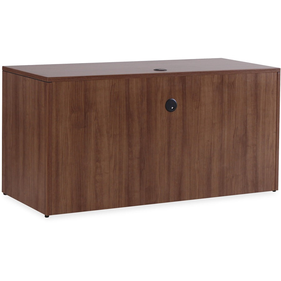 Lorell Essentials Series Credenza Shell, Walnut Laminate, 29.5"H x 66.1"W x 23.6"D, 1" Thick Top, Silver Brush Metal Pulls, Adjustable Feet, Grommet and Cord Management, 1 Each