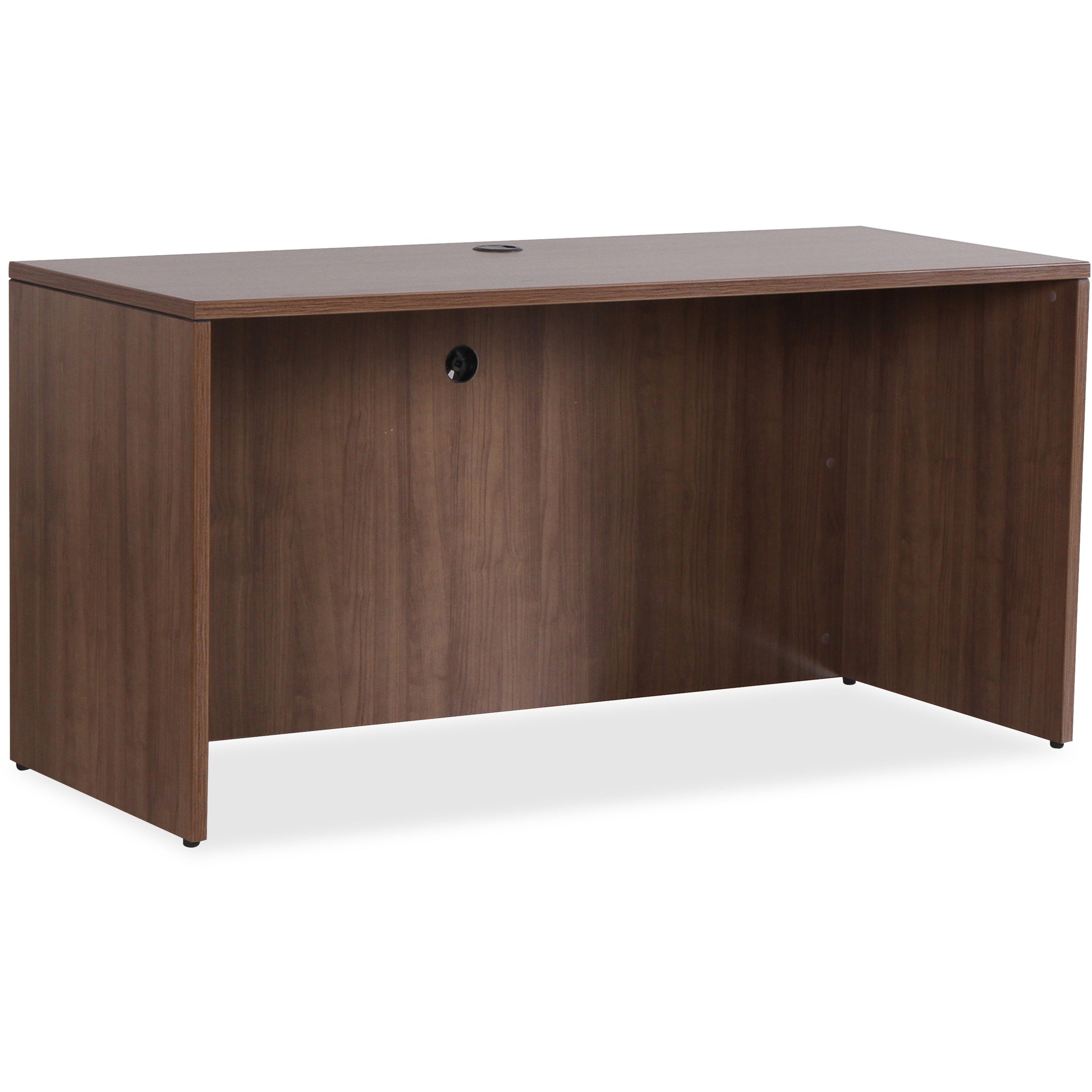 Lorell Essentials Series Credenza Shell, Walnut Laminate, 29.5"H x 66.1"W x 23.6"D, 1" Thick Top, Silver Brush Metal Pulls, Adjustable Feet, Grommet and Cord Management, 1 Each