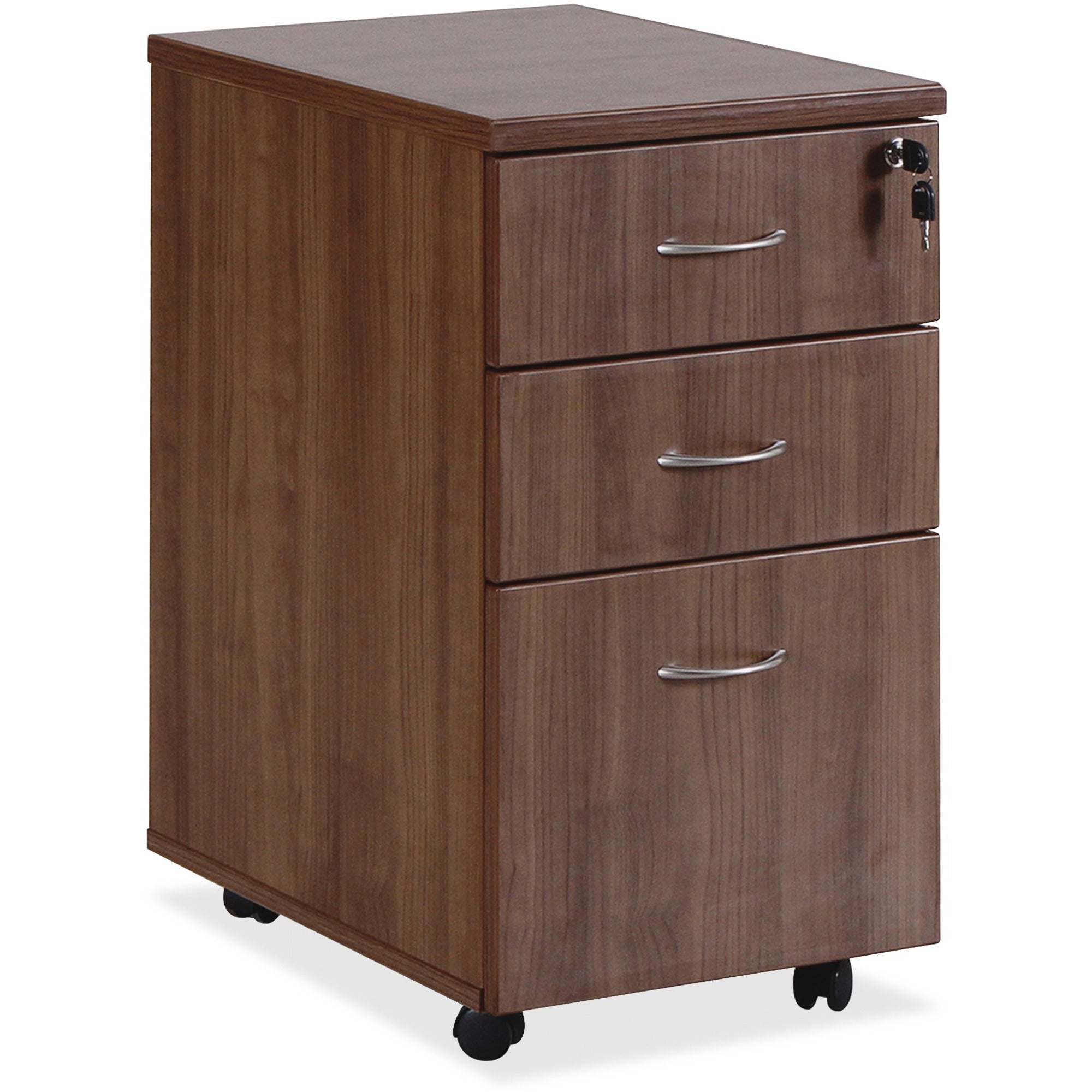 Lorell Essentials Series Box/Box/File Mobile File Cabinet, 3 Drawers, Single Pedestal, Walnut Laminate Top, Built-in Hangrail, Dual Wheel Casters, 28.4"H x 15.7"W x 22"D, 1 Each