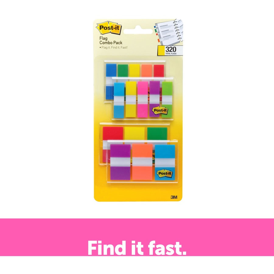 320 x Assorted - 1/2" Flag/Note Width, 1" Flag/Note Width - Blue, Green, Yellow, Orange, Red, Pink, Purple - Self-adhesive, Repositionable - Dispenser Included - 320 / Pack