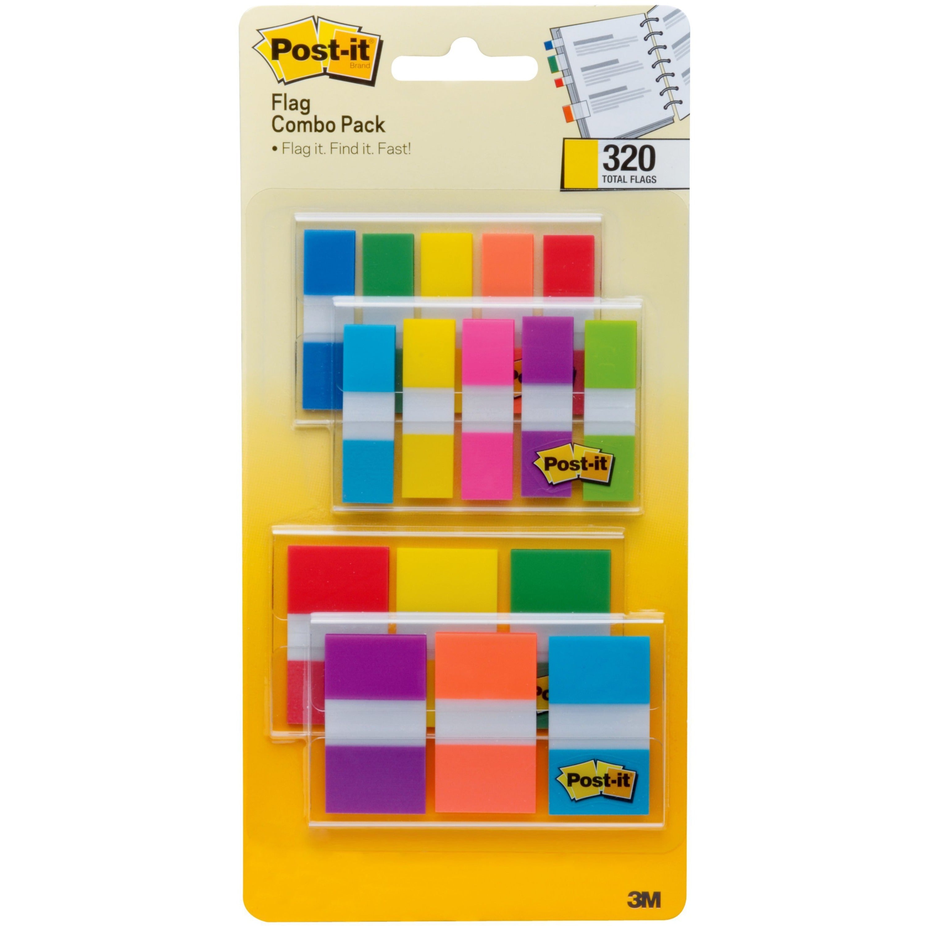320 x Assorted - 1/2" Flag/Note Width, 1" Flag/Note Width - Blue, Green, Yellow, Orange, Red, Pink, Purple - Self-adhesive, Repositionable - Dispenser Included - 320 / Pack