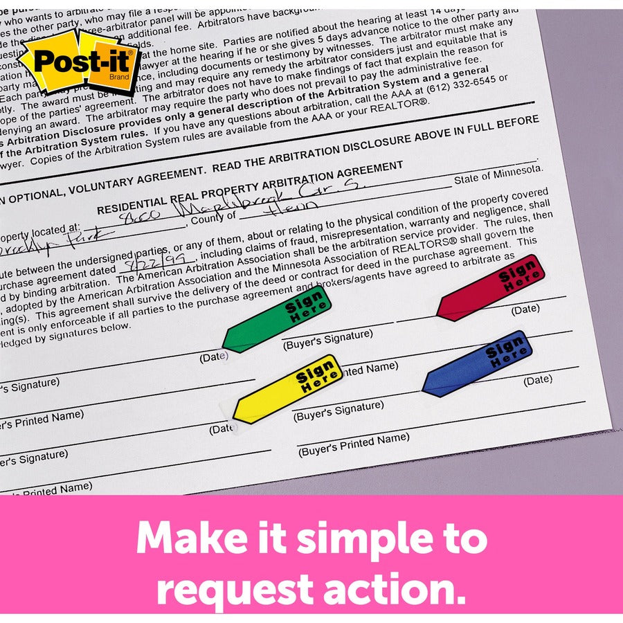 Post-it&reg; Arrow Flags - 1/2" Flag/Note Width - Arrow - Blank and SIGN HERE - Green, Yellow, Blue, Red, Pink - Removable, Self-adhesive, Repositionable - Dispenser Included - 252 / Pack