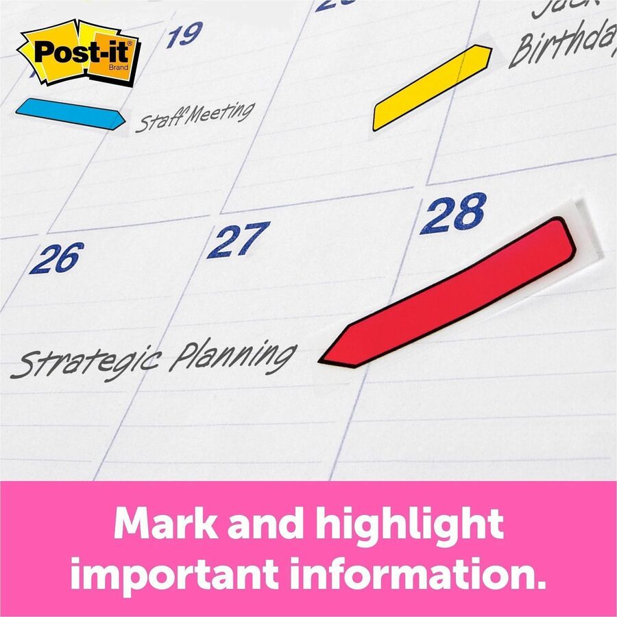 Post-it&reg; Arrow Flags - 1/2" Flag/Note Width - Arrow - Blank and SIGN HERE - Green, Yellow, Blue, Red, Pink - Removable, Self-adhesive, Repositionable - Dispenser Included - 252 / Pack