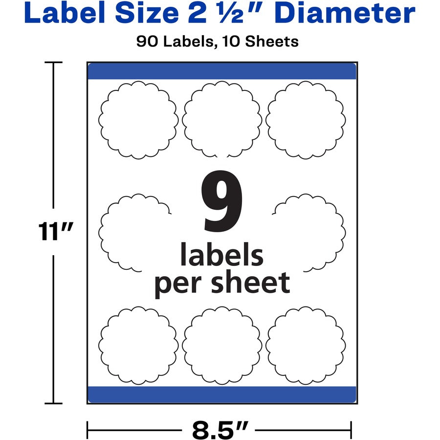 Avery&reg; Multipurpose Label - 2 1/2" Diameter - Permanent Adhesive - Round Scallop - Laser, Inkjet - Matte White - Paper - 9 / Sheet - 10 Total Sheets - 90 Total Label(s) - 1 Pack