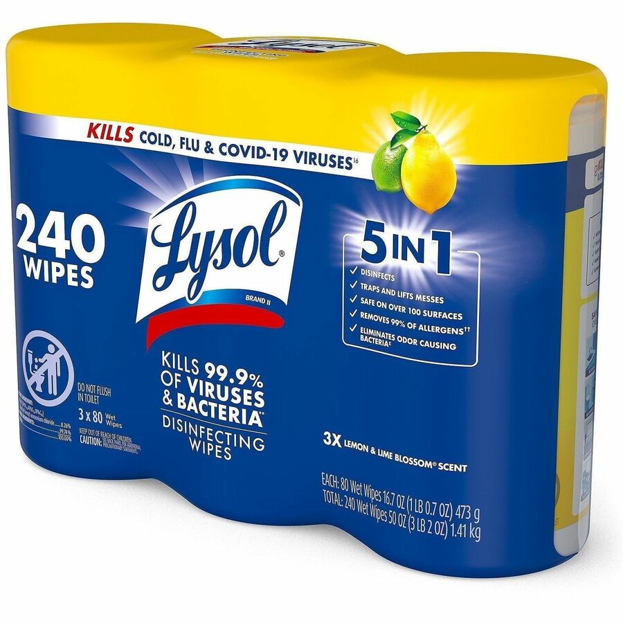 Lysol Lemon/Lime Disinfecting Wipes - For Multi Surface, Multipurpose - Lemon, Lime Blossom Scent - Recommended For: Virus Remover, Bacteria Remover - Pre-moistened, Deodorize, Disinfectant, Anti-bacterial - White - 80/Tub - 2 / Carton