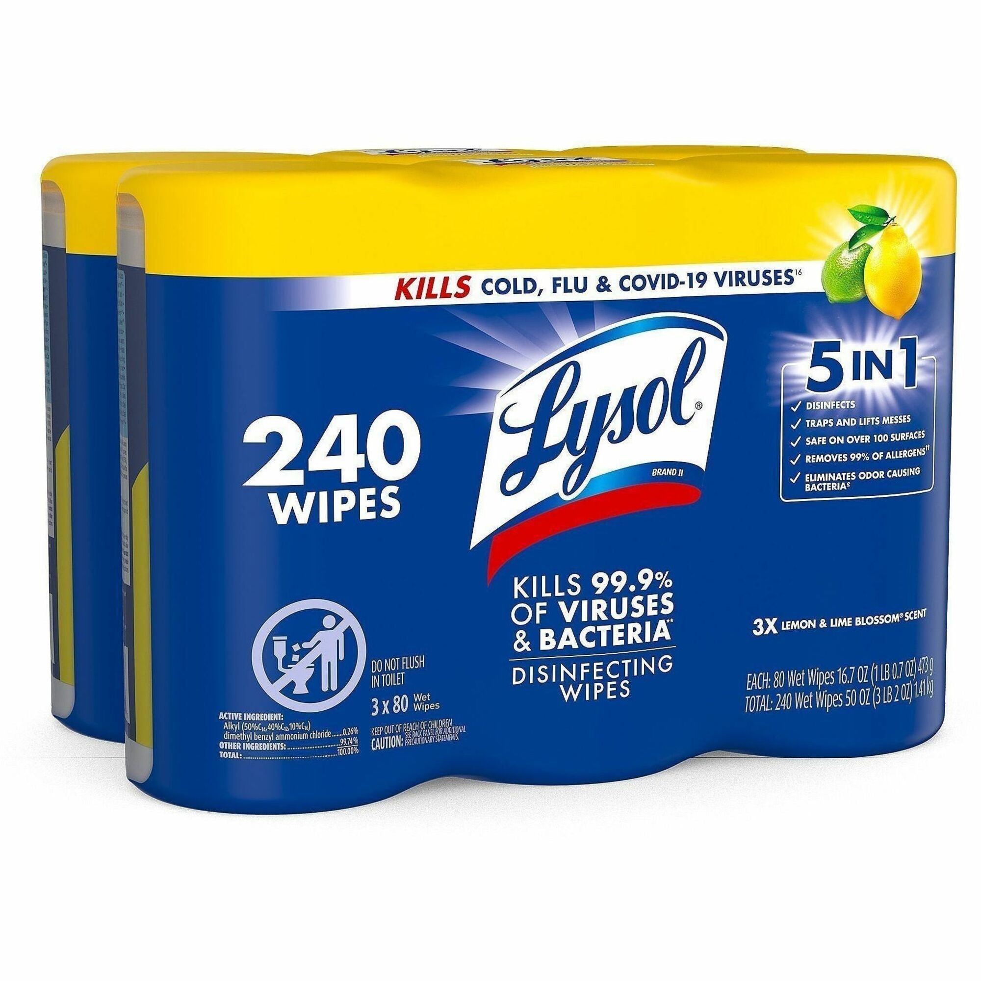 Lysol Lemon/Lime Disinfecting Wipes - For Multi Surface, Multipurpose - Lemon, Lime Blossom Scent - Recommended For: Virus Remover, Bacteria Remover - Pre-moistened, Deodorize, Disinfectant, Anti-bacterial - White - 80/Tub - 2 / Carton