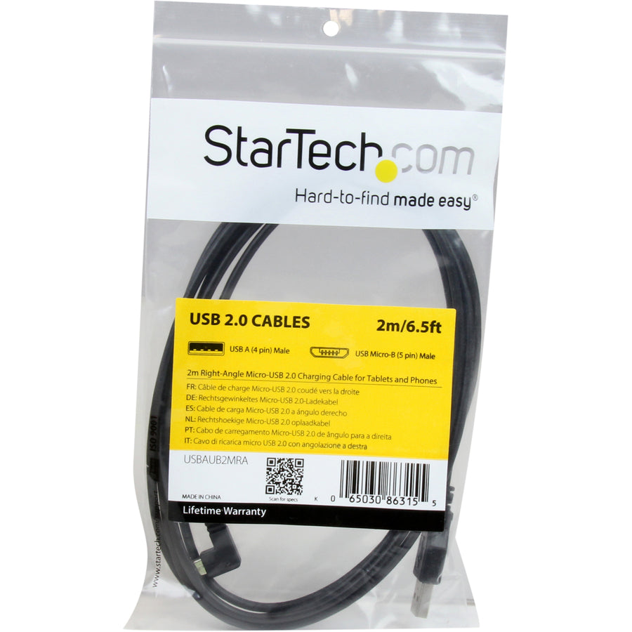 StarTech.com Micro-USB Charge-and-Sync Cable M/M - Right-Angle Micro-USB - 24 AWG - 2m (6ft.)