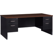 Lorell Fortress Modular Series Double-Pedestal Desk, 72" x 36" x 1.1" Top, 2 Drawers, Steel, Walnut Laminate/Black Finish, Scratch & Stain Resistant, Ball-Bearing Suspension, Cord Management, 1 Each